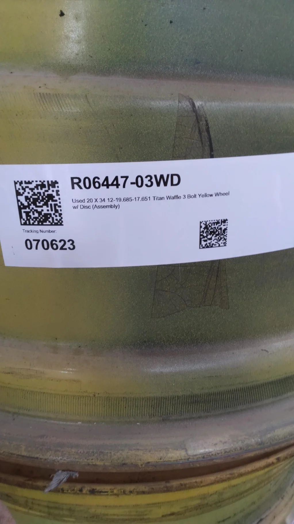 Used 20 X 34 12-19.685-17.651 Titan Waffle 3 Bolt Yellow Wheel w/ Disc (Assembly) image 2