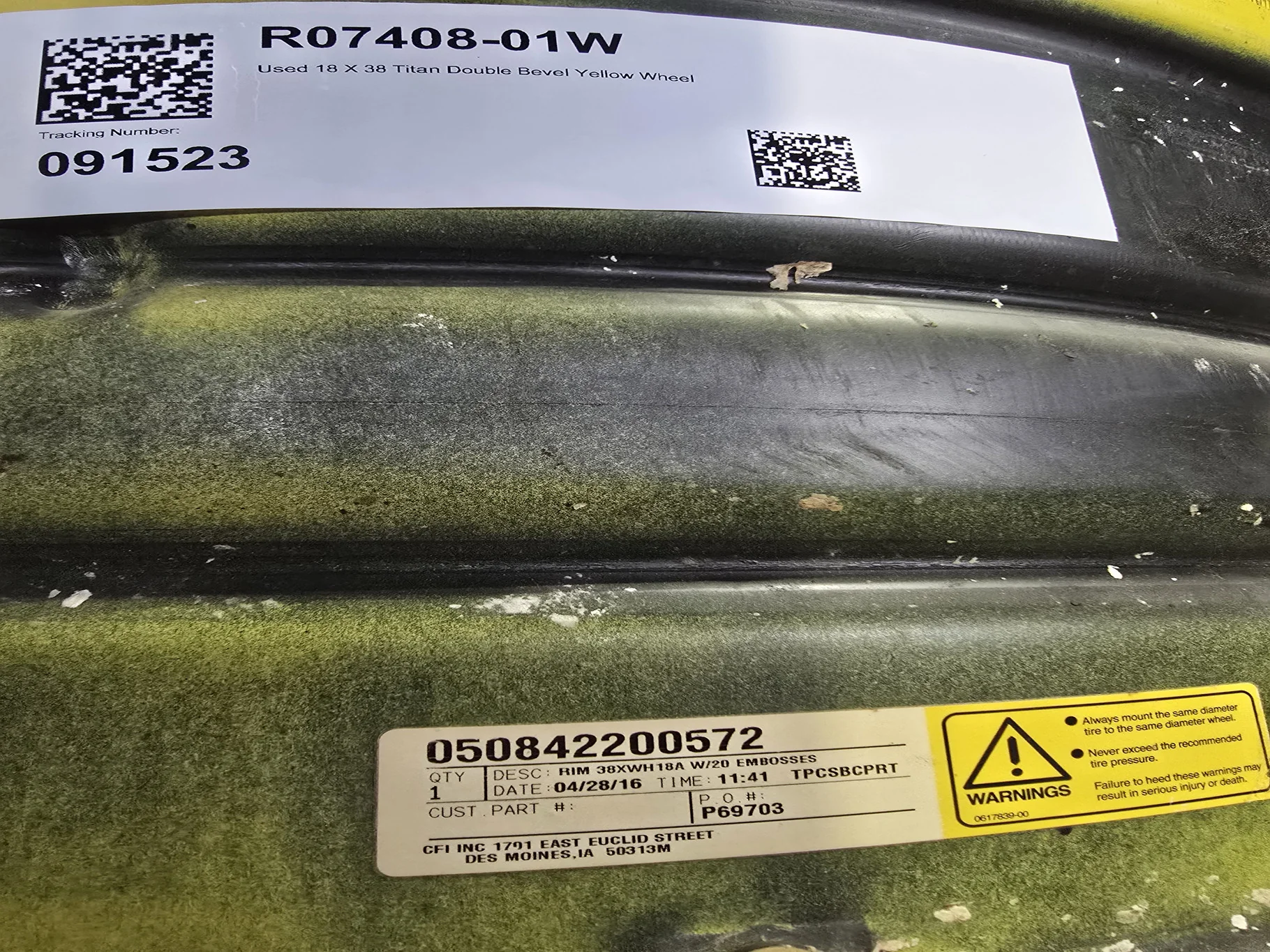 Used 18 X 38 Titan Double Bevel Yellow Wheel image 4