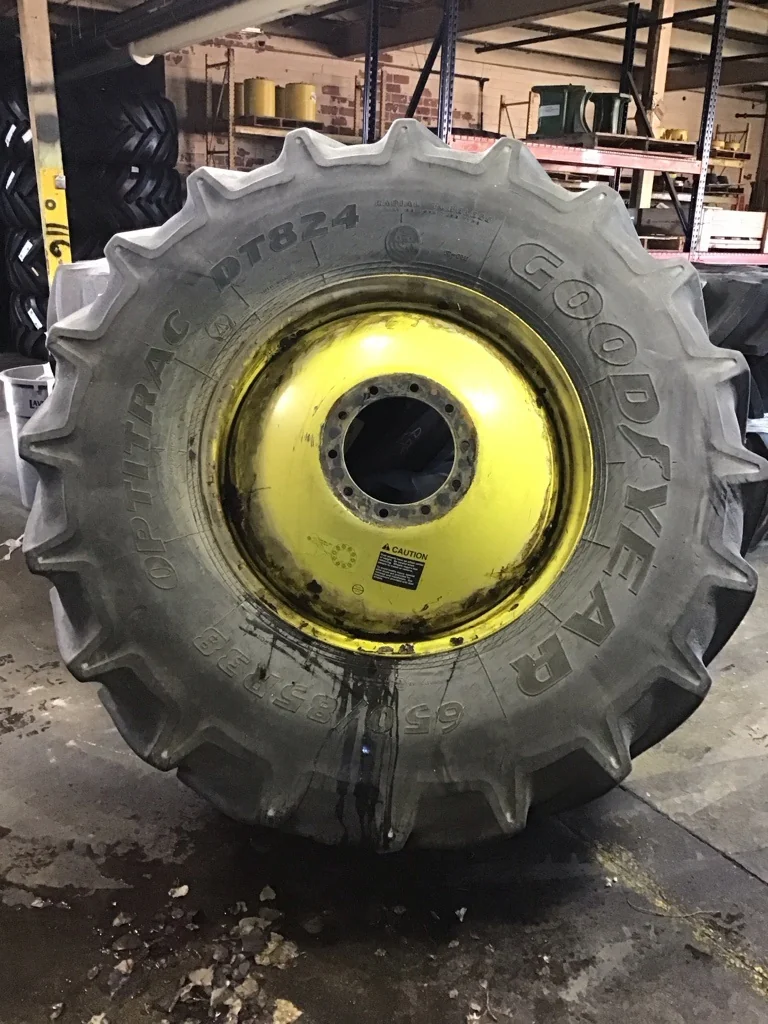 Used 650/85R38 173A8 Goodyear Optitrac DT824 TL R-1W 85-90% on 23 x 38 10-13.18-11.09-12.4 Dolly