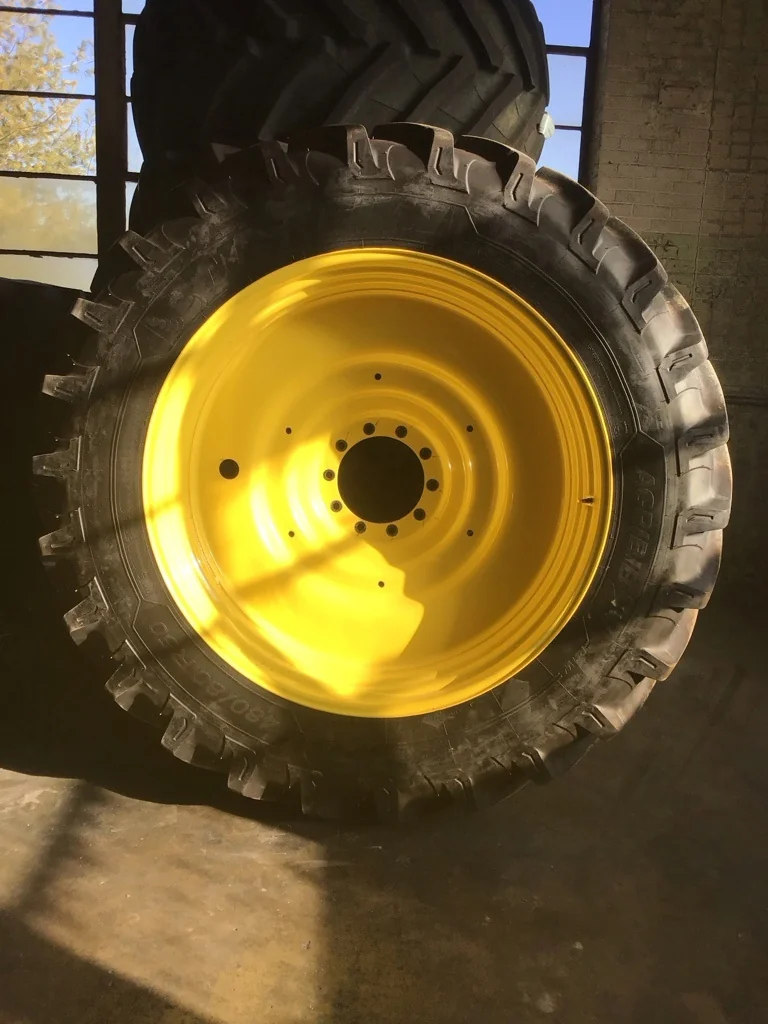 Take-Off 480/80R50 159A8 Michelin Agribib 2 TL R-1W 95-100% on 15 X 50 10-13.19-11.07 Dual Yellow