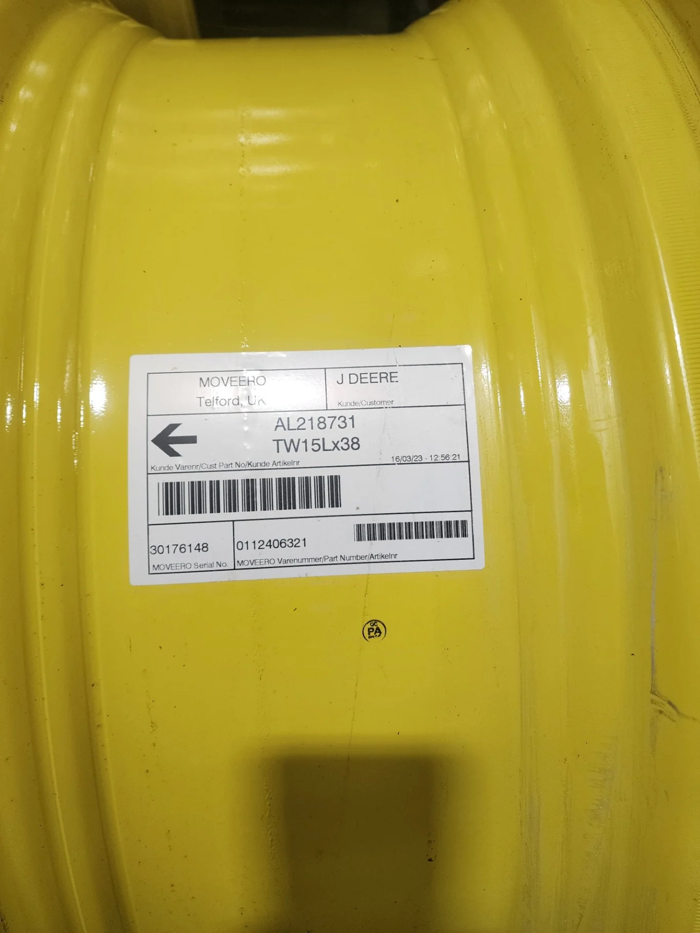 Take-Off 15 X 38 (8-10.82-8.78) Moveero 4/2 Rail Wheel w/ Disc JD Ag Yellow image 2