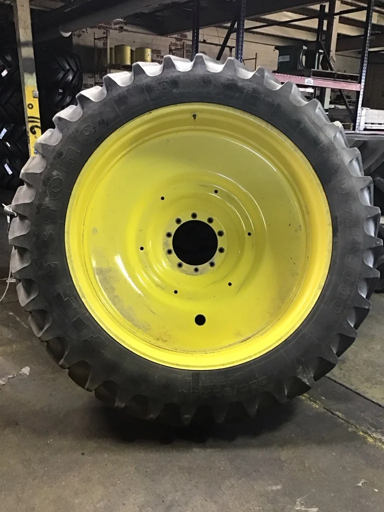 Used 380/90R54 152A8 Firestone Rad 9000 TL R-1W 65-70% on 12 x 54 10-13.19-11.07 Yellow Dual Wheel