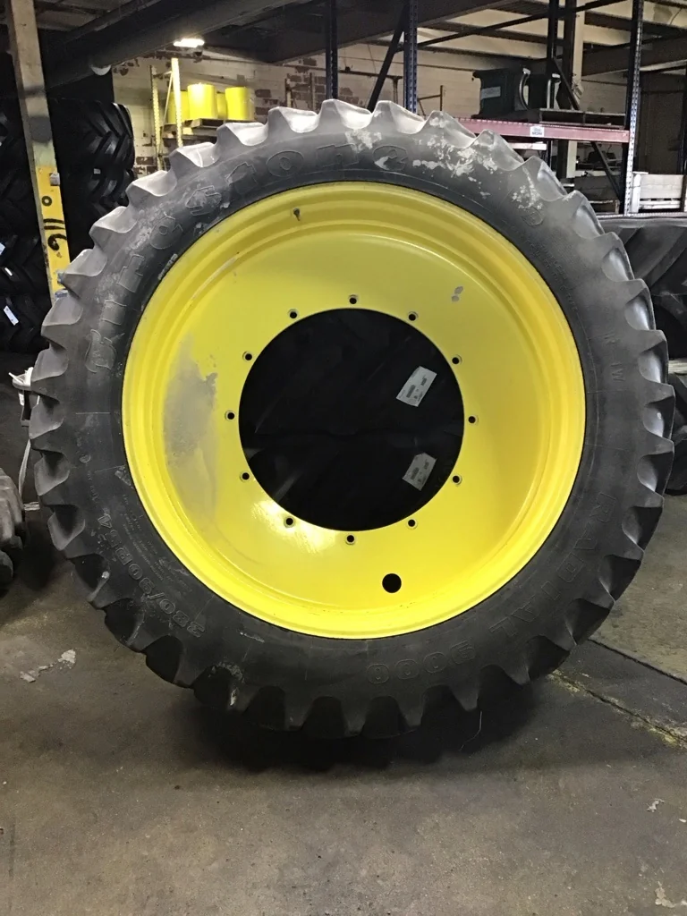 Used 380/90R54 152A8 Firestone Rad 9000 TL R-1W 70-75% on 12 x 54 12-32.047-30.078 R&R Yellow Wheel