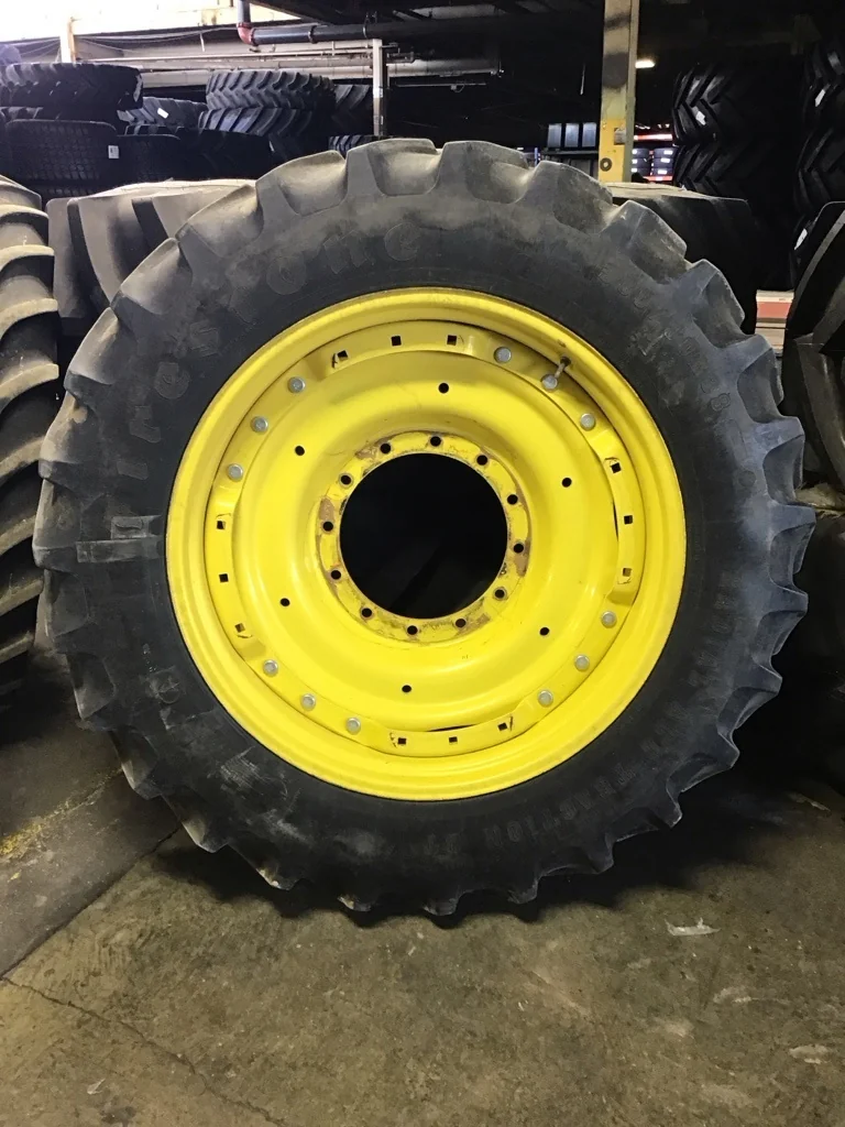 Used 380/80R38 142B Firestone RAD DT TL R-1W 75-80% on 12 x 38 12-16.732-14.620 Waffle 3 Bolt Yellow