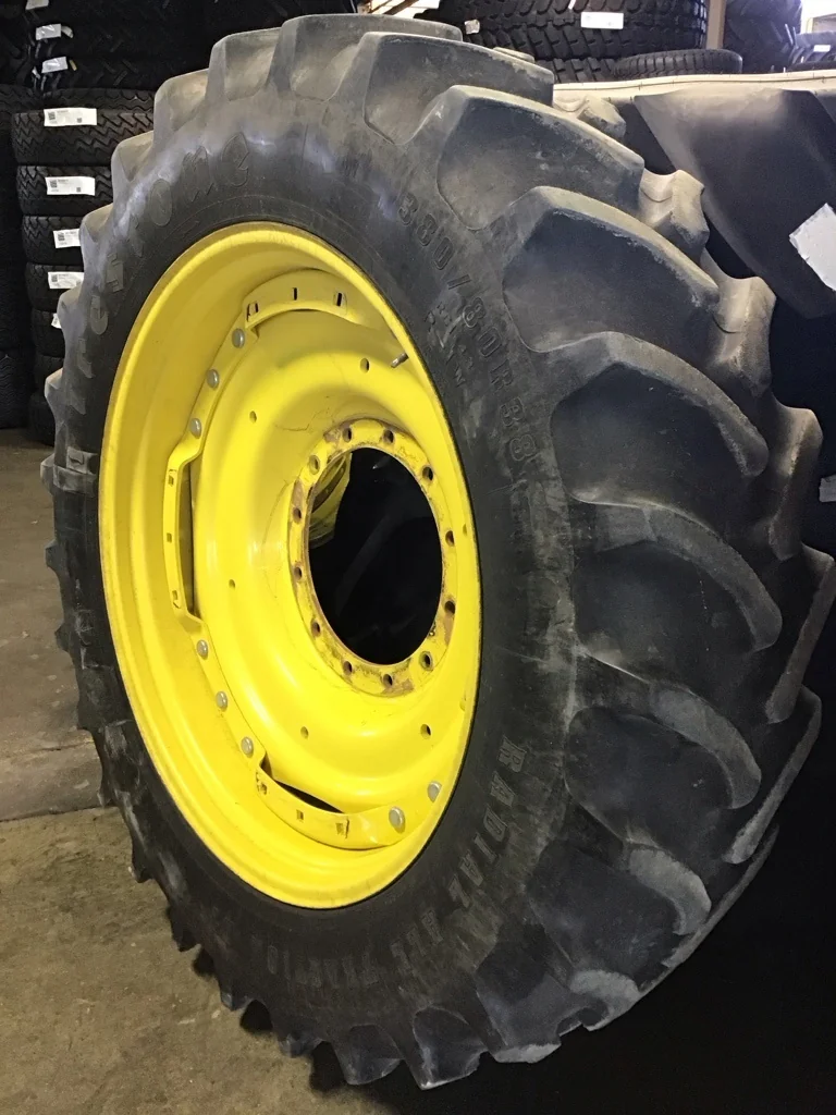 Used 380/80R38 142B Firestone RAD DT TL R-1W 75-80% on 12 x 38 12-16.732-14.620 Waffle 3 Bolt Yellow image 2