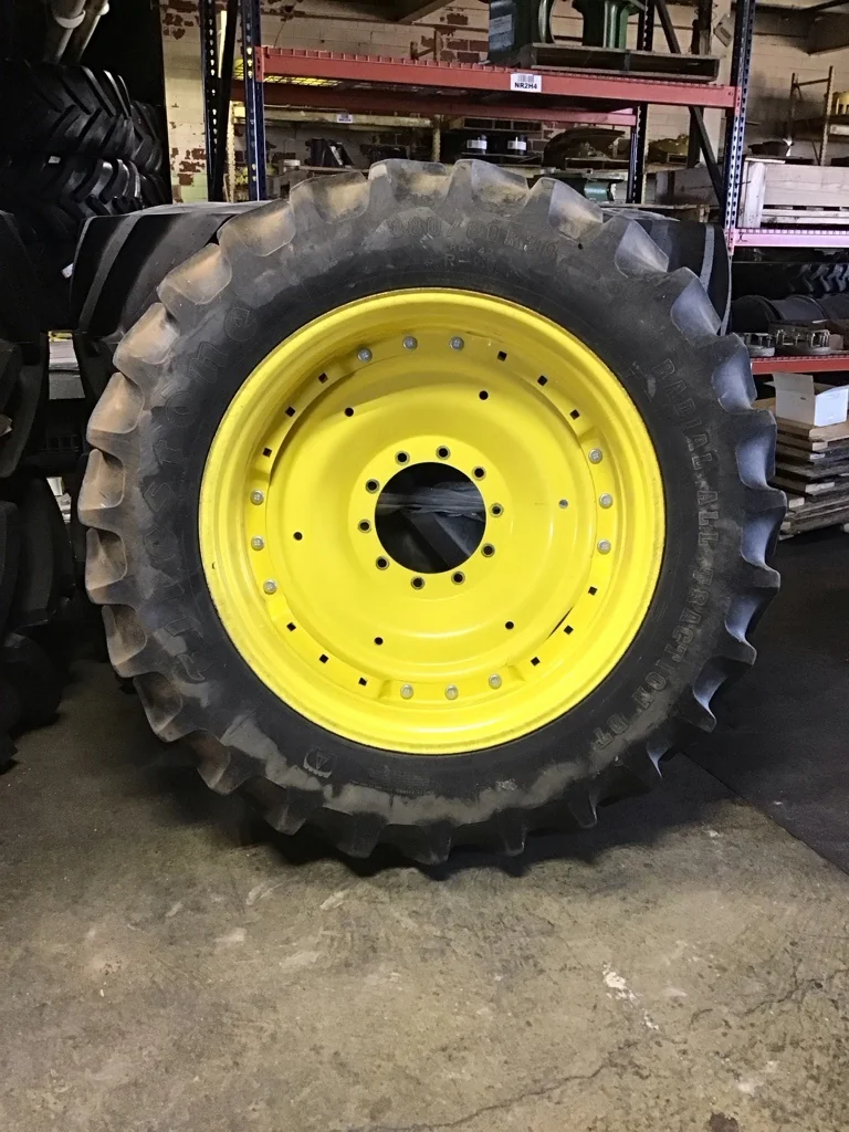 Used 380/80R38 142B Firestone RAD DT TL R-1W 65-70% on 12 x 38 10-13.19-11.07 Waffle 3 Bolt Yellow