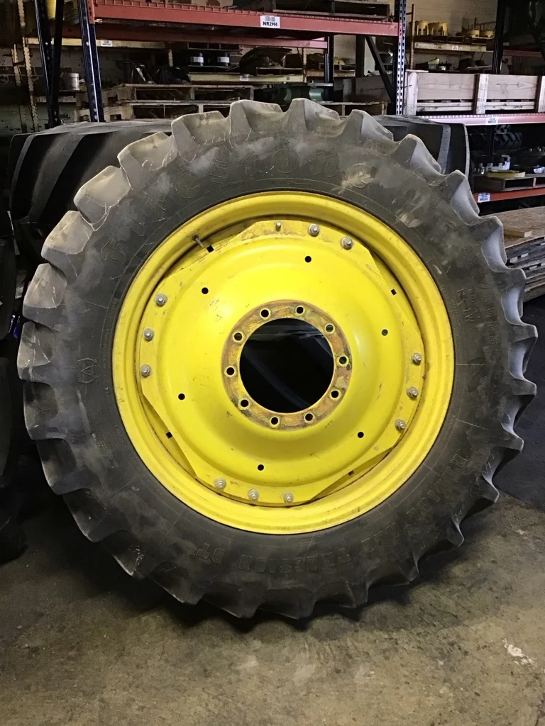 Used 380/80R38 142B Firestone RAD DT TL R-1W 75-80% on 12 x 38 10-13.19-11.07 Waffle 3 Bolt Yellow