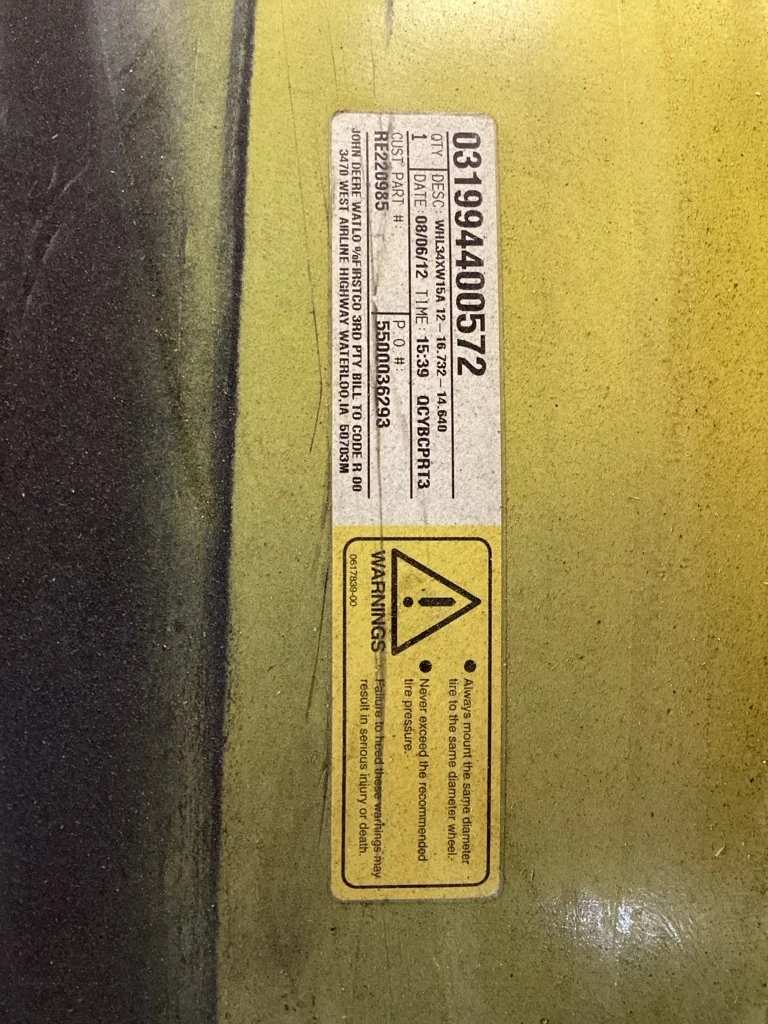 Used 15 x 34 12-16.732-14.620 Waffle 3 Bolt Yellow Wheel w/ Disc image 3