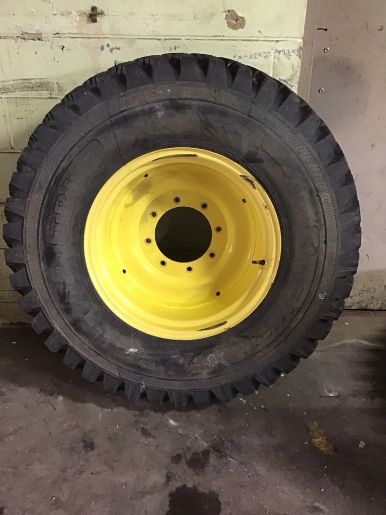 Used 400/80R24 149A8 Nokian TRI 2 TL Multi Use 75-80% on 12 x 24 8-10.82-8.78 Solid Yellow Wheel