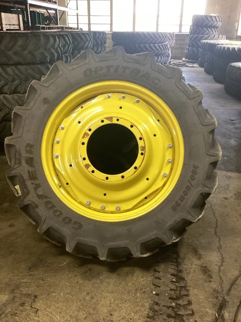 Used 380/80R38 142D Goodyear Optitrac TL R-1W 95-100% On 12x38 (12-16.732-14.620) Waffle 3 Bolt/Disc