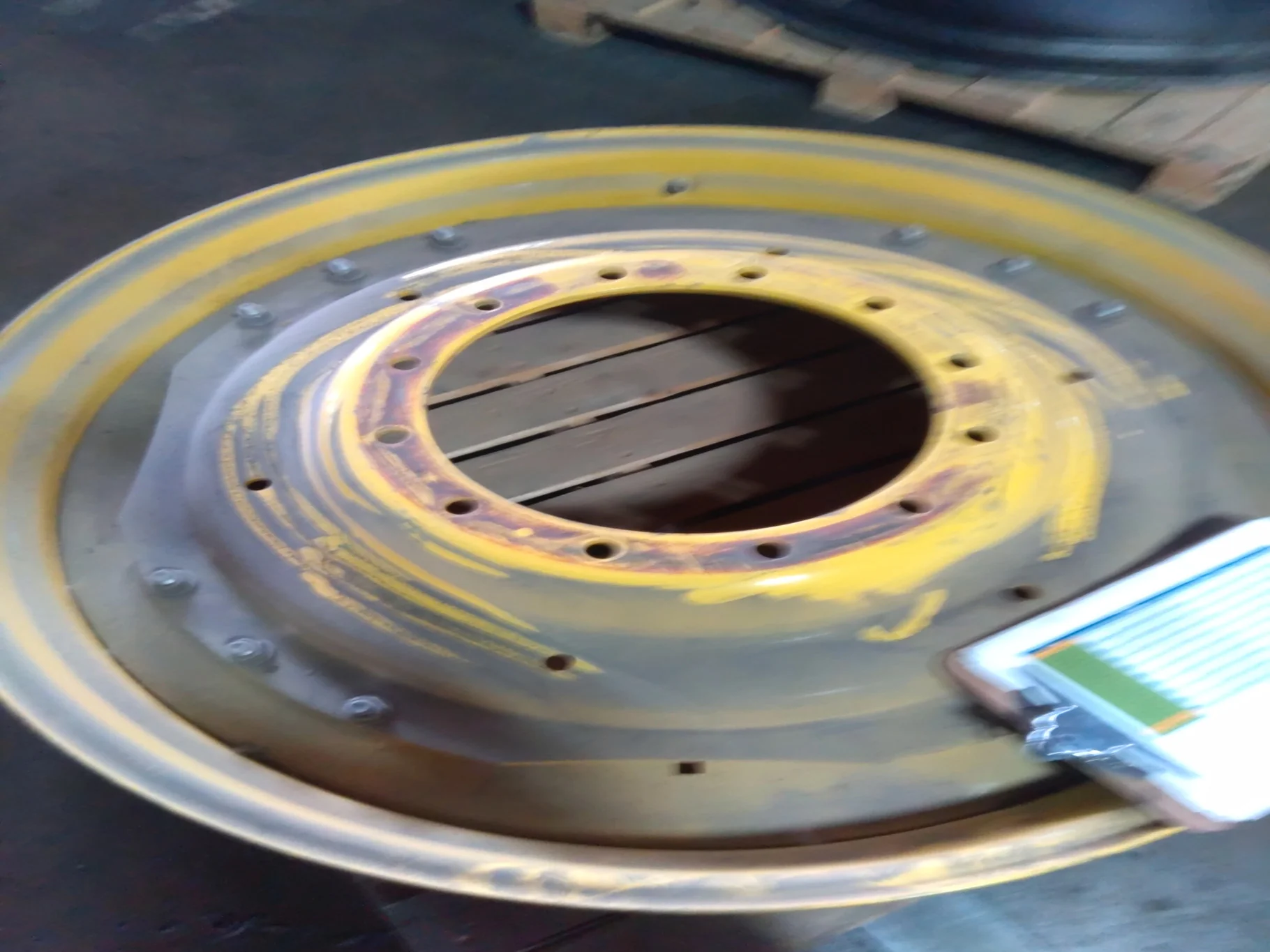 Used 10 X 42 12-16.732-14.640 3 Bolt Waffle Yellow Wheel w/ Disc image 2
