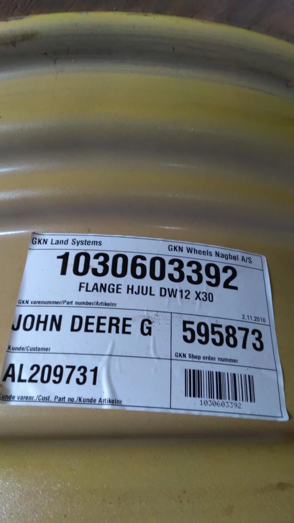 Take-Off 12 X 30 (13 X 30) GKN 8-10.82-8.78 Rim & Rail Yellow Wheel w/ Disc (Assembly) image 3