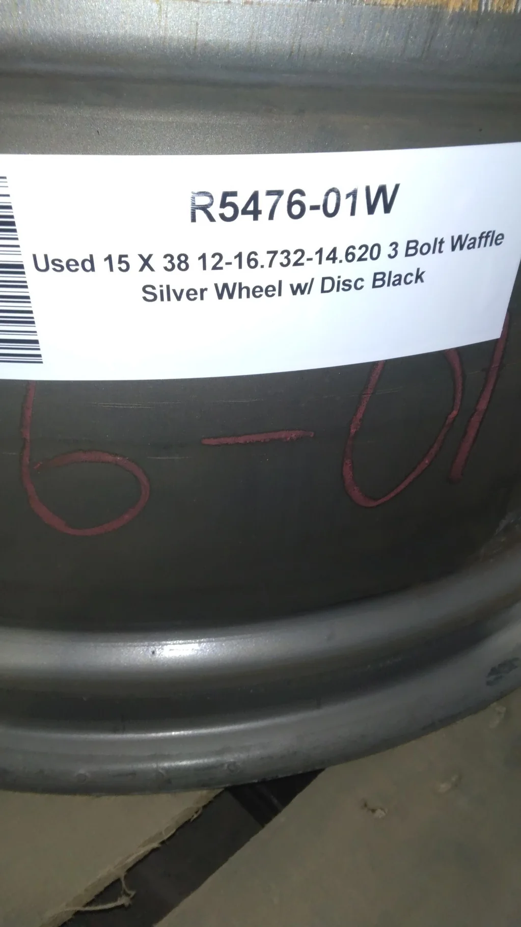 Used 15 X 38 12-16.732-14.620 3 Bolt Waffle Silver Wheel w/ Disc Black