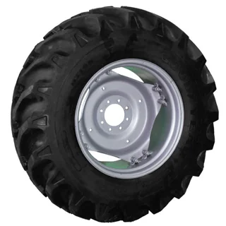 Take-Off 16.9-28/8 Goodyear DT195 Nylon TL R-1 95-100% on 15 X 28 8-8-6 4/2 Clamp Silver Wheel w/ Di
