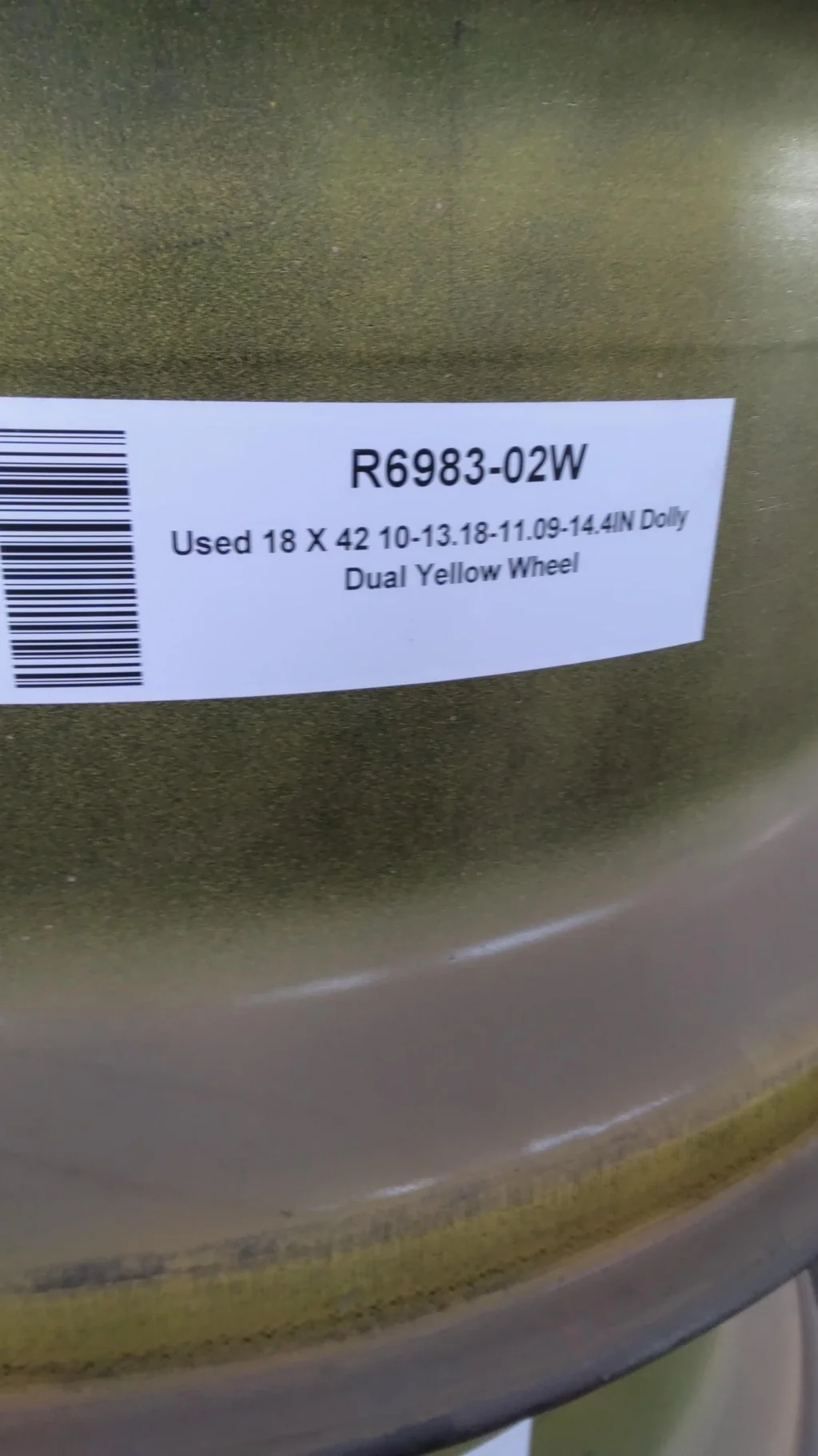 USED 18 X 42 10-13.187-11.07-14.4(INSIDE) DOLLY DUAL YELLOW WHEEL image 2