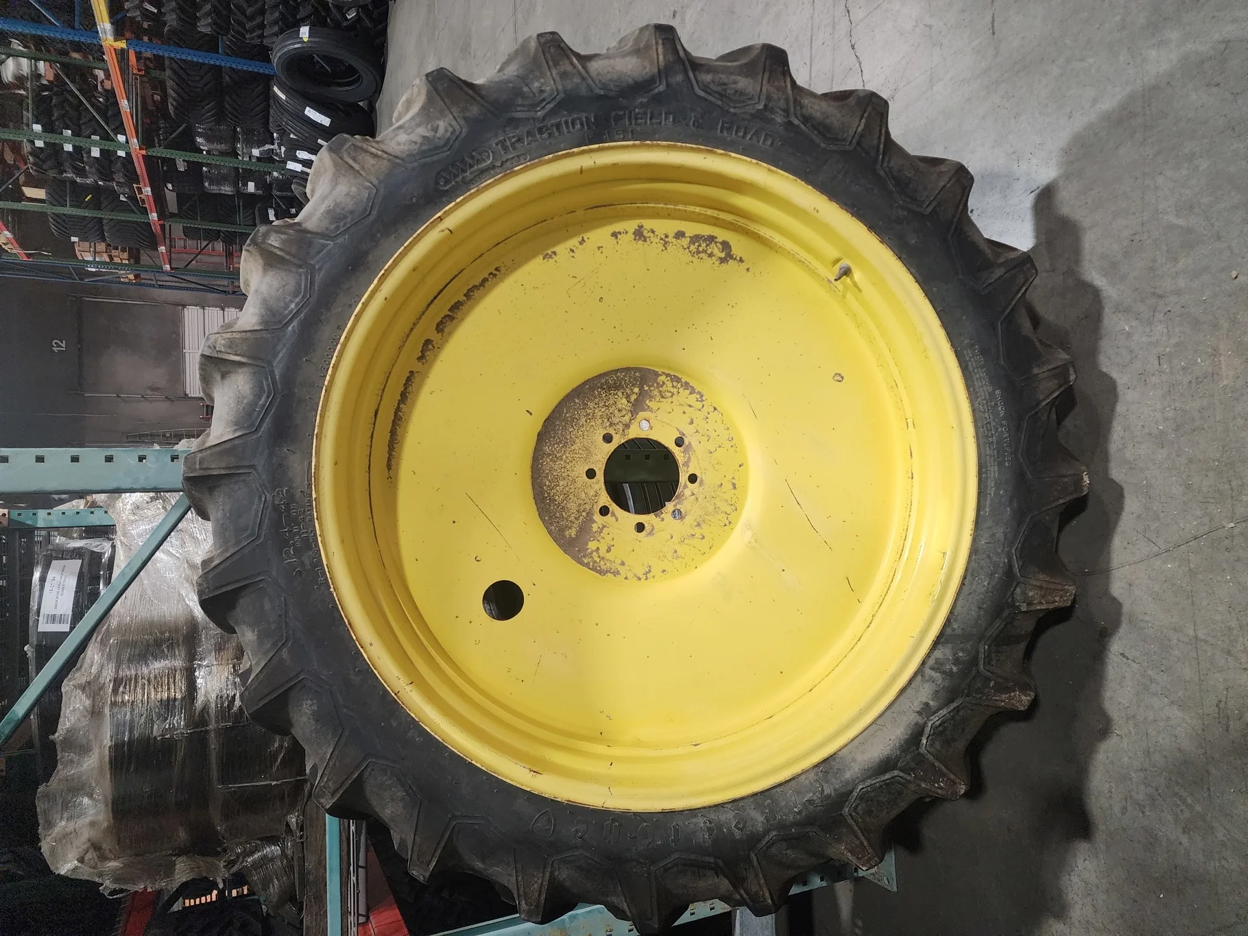 Used 12.4-42/10 Firestone Traction Field & Road TL R-1 90-95% on 10 X 42 8-8-6 Solid Yellow Wheel (A