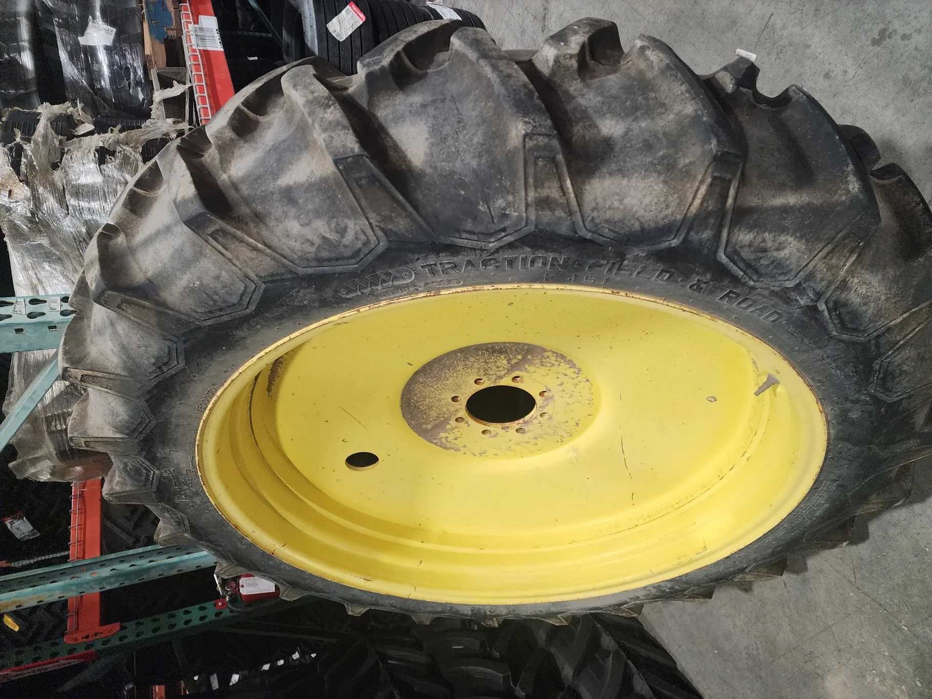 Used 12.4-42/10 Firestone Traction Field & Road TL R-1 90-95% on 10 X 42 8-8-6 Solid Yellow Wheel (A image 2