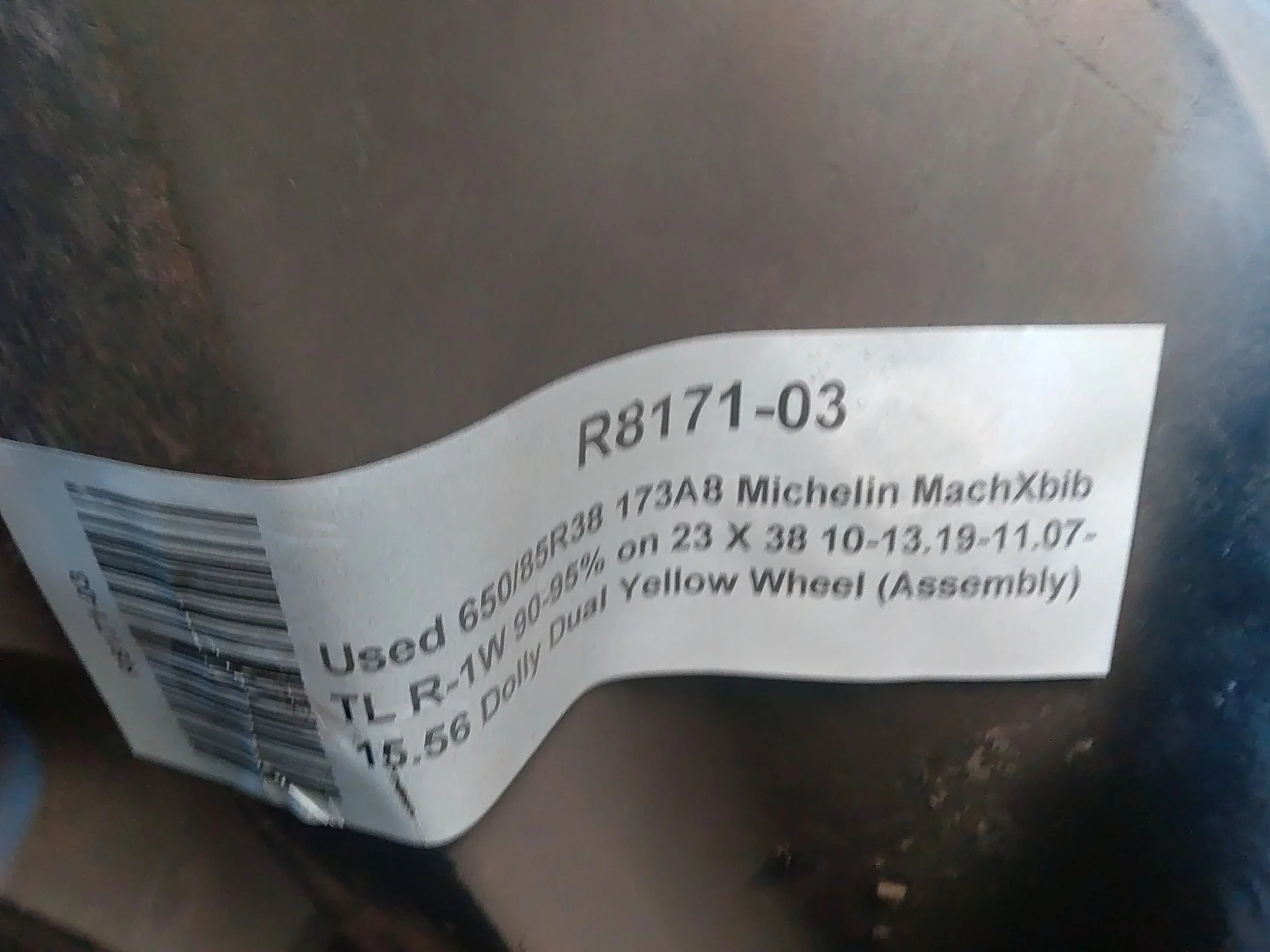 Used 650/85R38 173A8 Michelin MachXbib TL R-1W 90-95% on 23 X 38 10-13.19-11.07-15.56 Dolly Dual Yel image 3