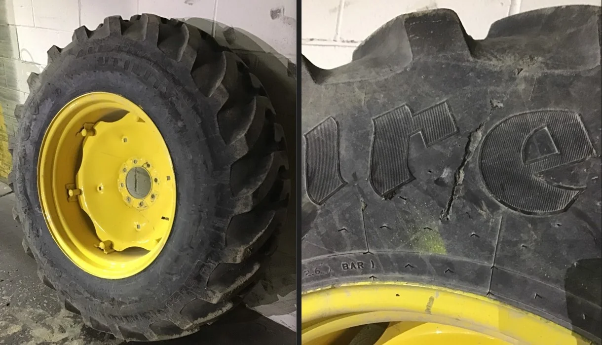Take-Off 16.9-28/12 Firestone All Traction Utility R-4 TL 95-100% on 15 X 28 8-8-6 6 Clamp Yellow