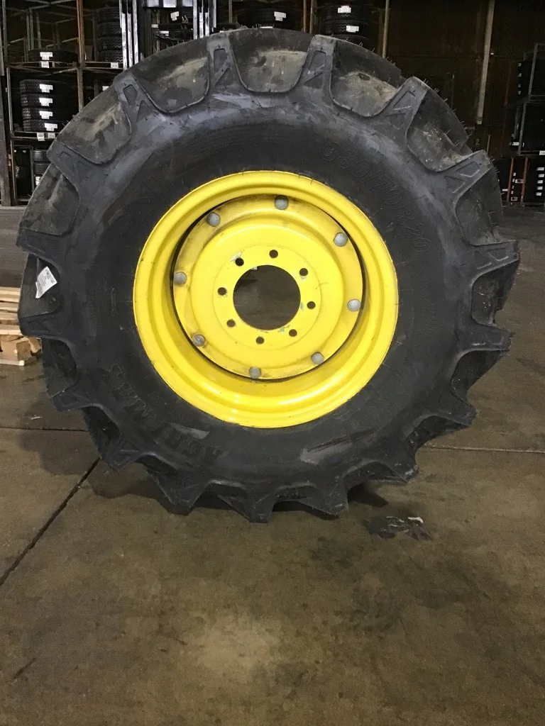 Take-Off 380/70R20 132A8/B BKT AgriMax RT765 TL R-1W 95-100% on 11 X 20 8-8-6 Rim & Rail Yellow Whee