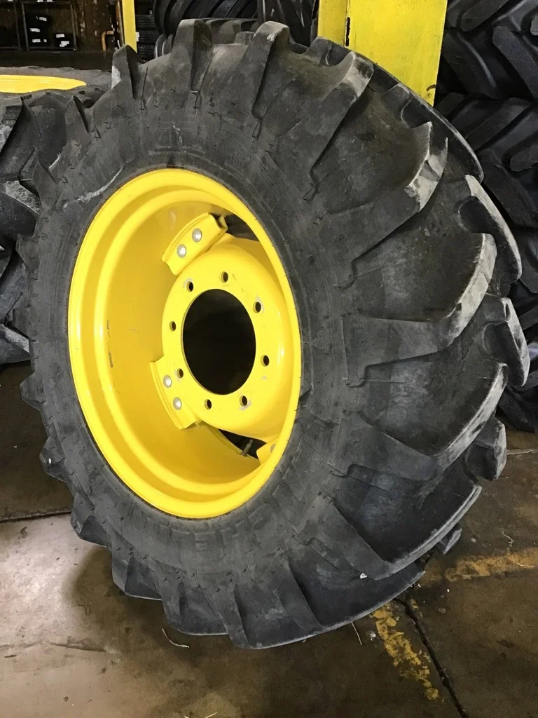 Used 13.6R24 121A8 Michelin Agribib TL R-1W 90-95% on 12 X 24 GKN 8-10.82-8.78 4/2 Clamp Yellow Whee