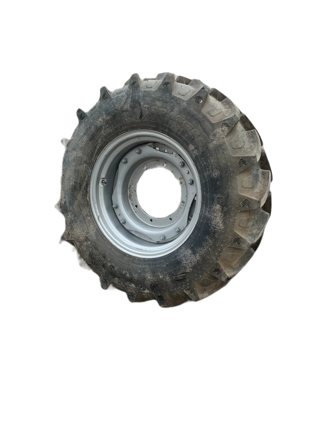 Used 90% 380/85R24 Galaxy EarthPro Radial 850 R-1W (127D) TL on a 12 x 24 Case Silver Waffle Wheel
