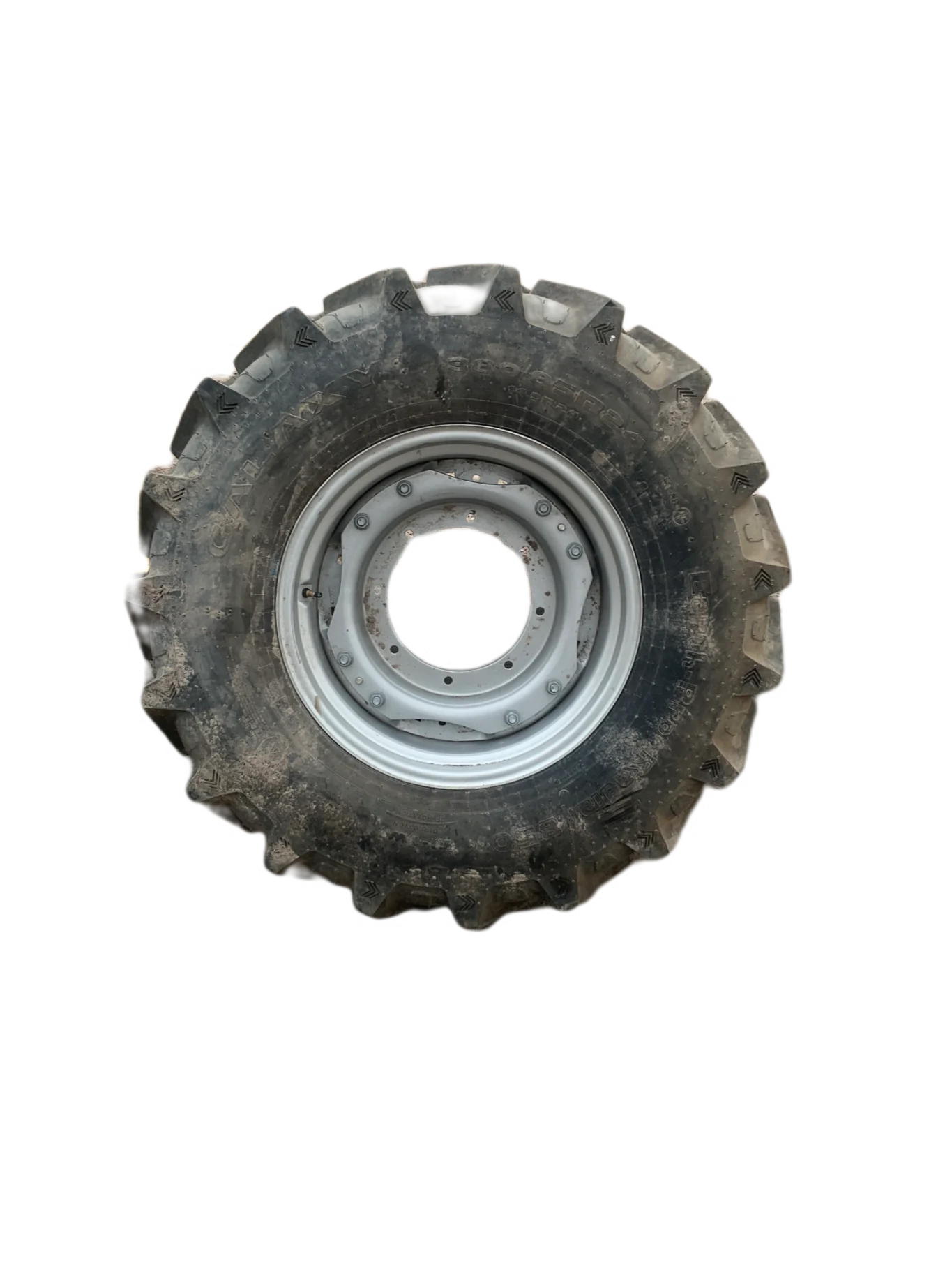 Used 90% 380/85R24 Galaxy EarthPro Radial 850 R-1W (127D) TL on a 12 x 24 Case Silver Waffle Wheel image 2