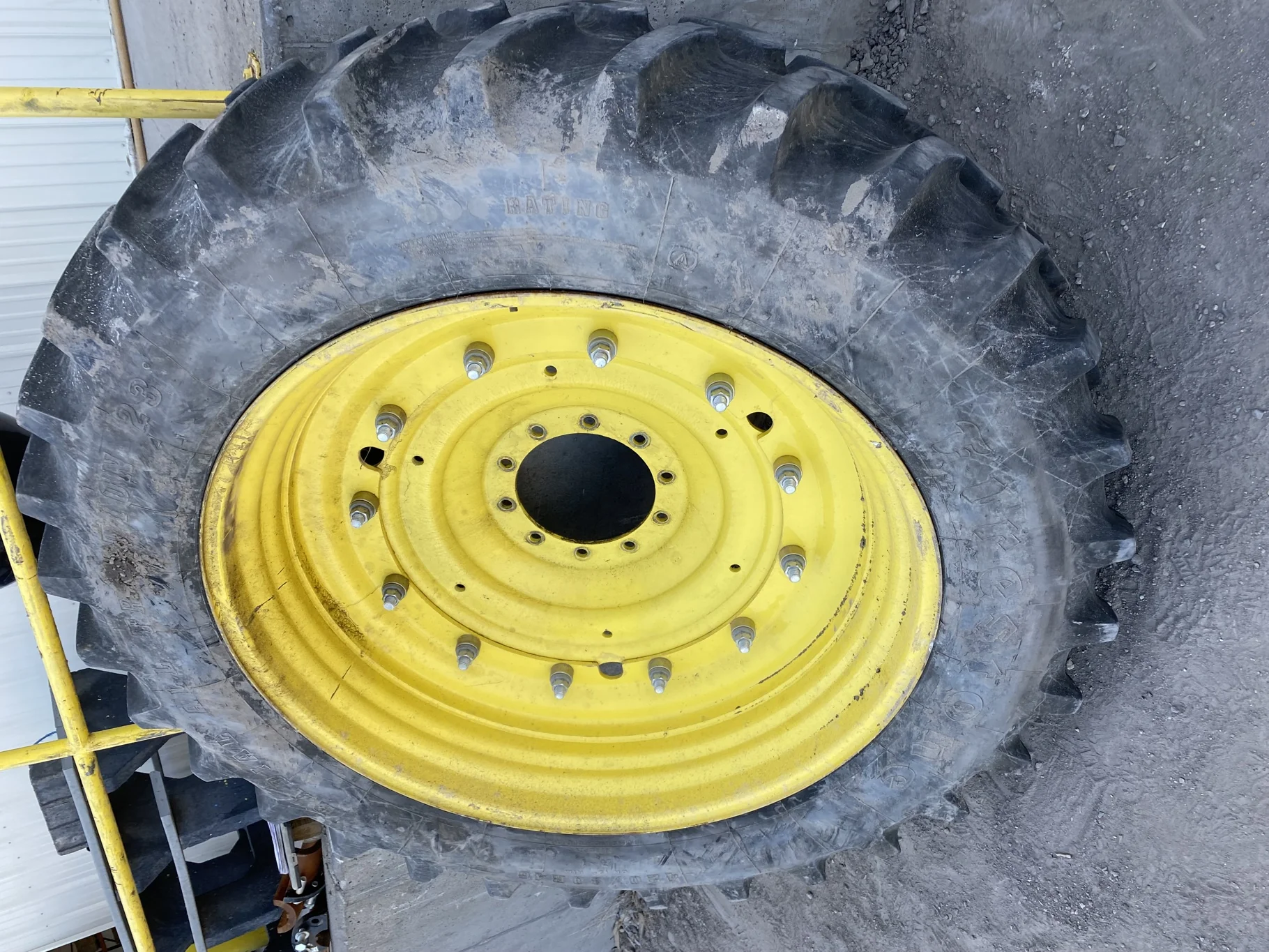 Used 75% 420/80R46 Firestone Radial All Traction 23 on JD Yellow 13 x 46 Stub Disc ( No Center