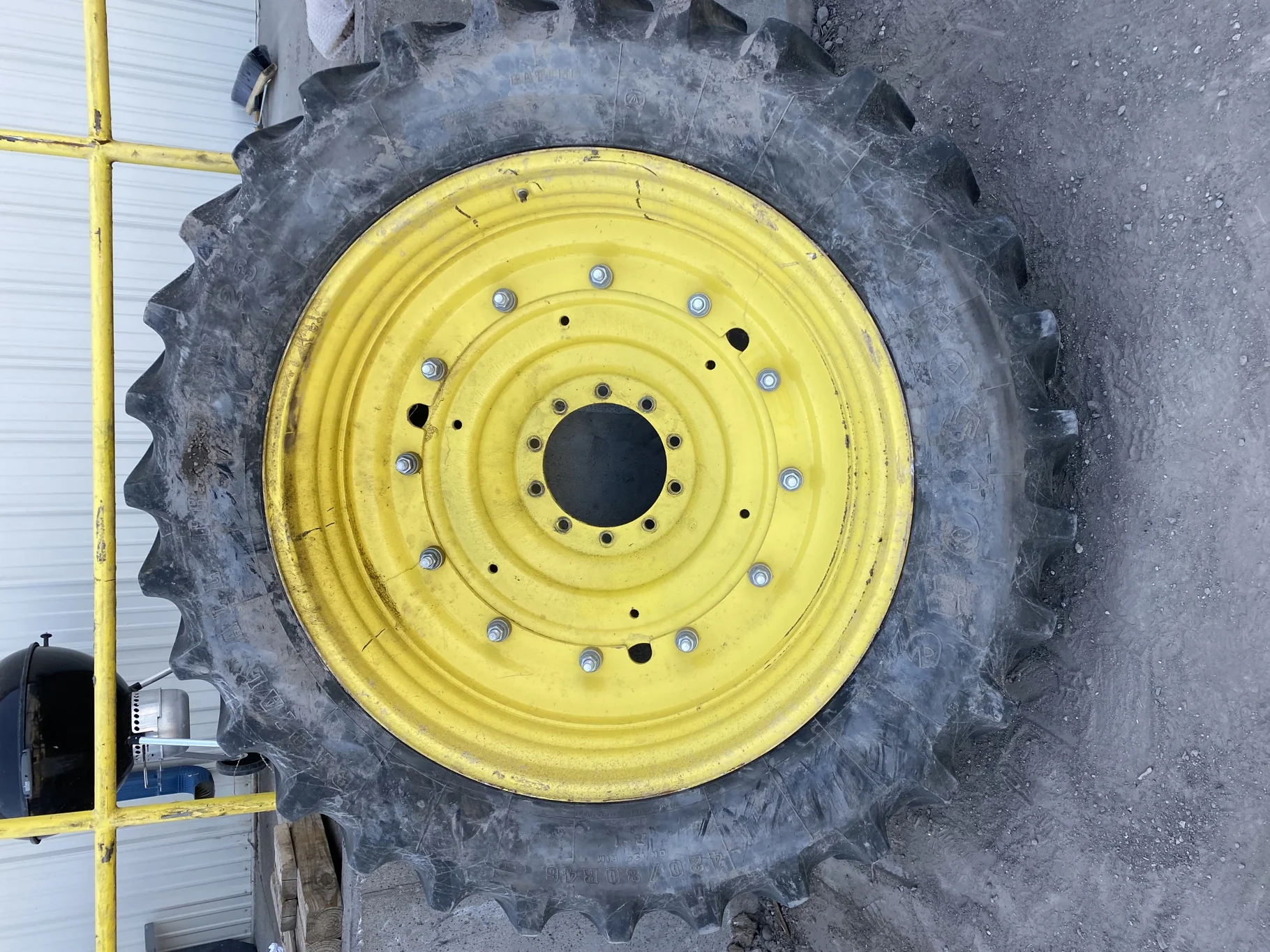 Used 75% 420/80R46 Firestone Radial All Traction 23 on JD Yellow 13 x 46 Stub Disc ( No Center image 2
