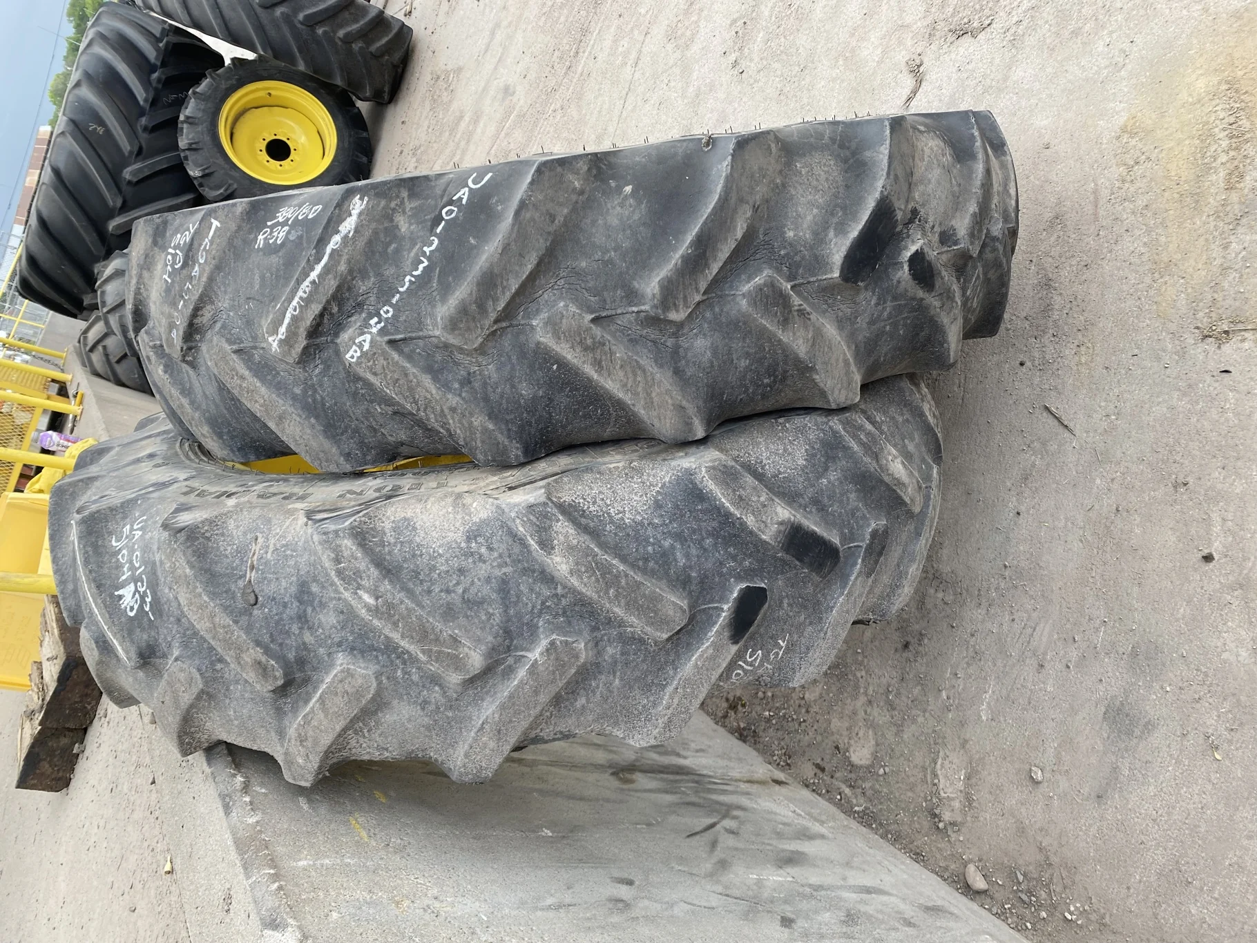 Used 35% 380/80R38 Goodyear Optitrac (142D) R-1W TL on a 12 x 38 John Deere Yellow 12 Bolt Waffle Wh image 3