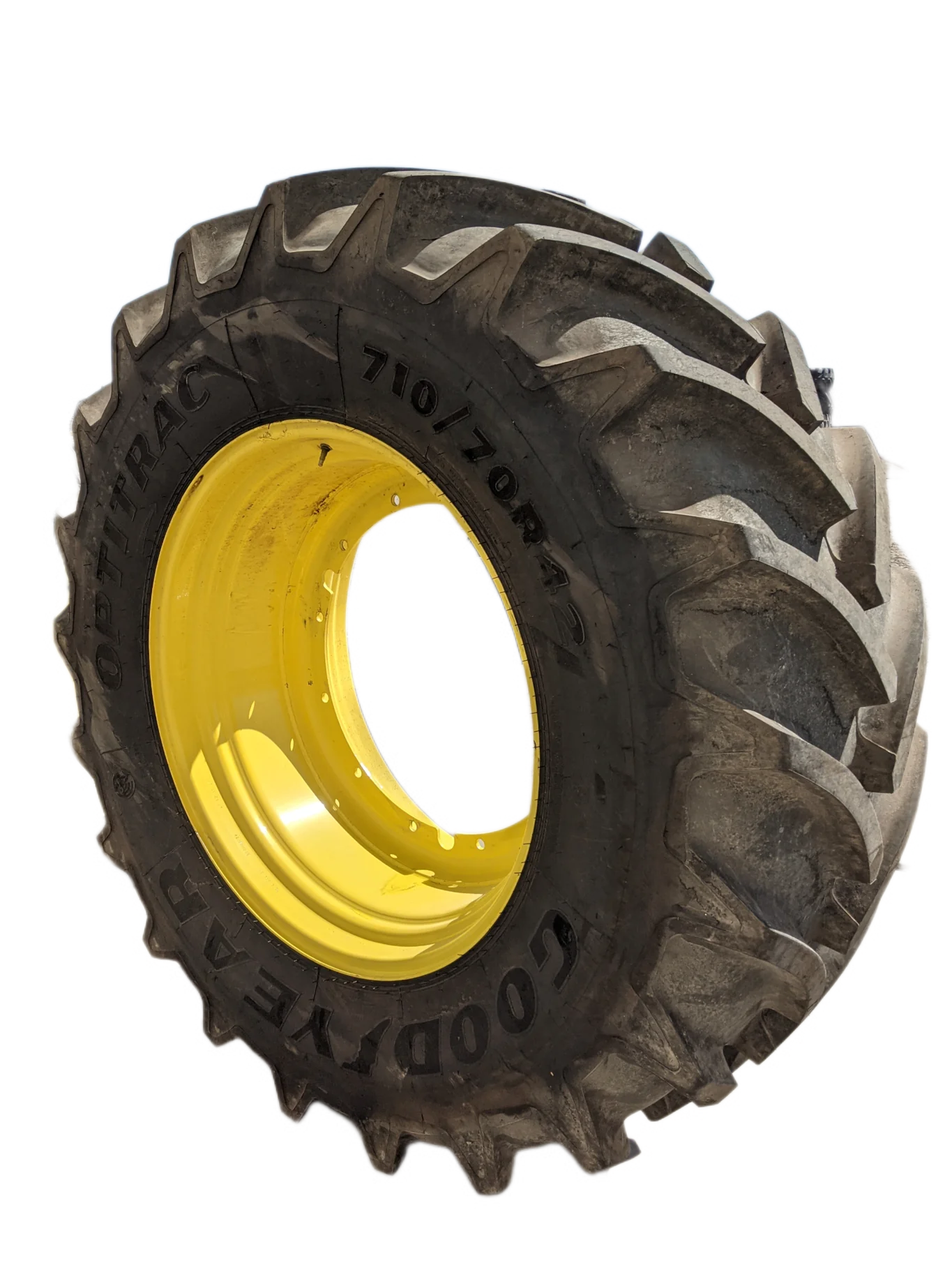 Used 95% 710/70R42 Goodyear Optitrac (173D) R-1W TL on a 23 x 42 JD Yellow 12 Bolt (.945) Stub