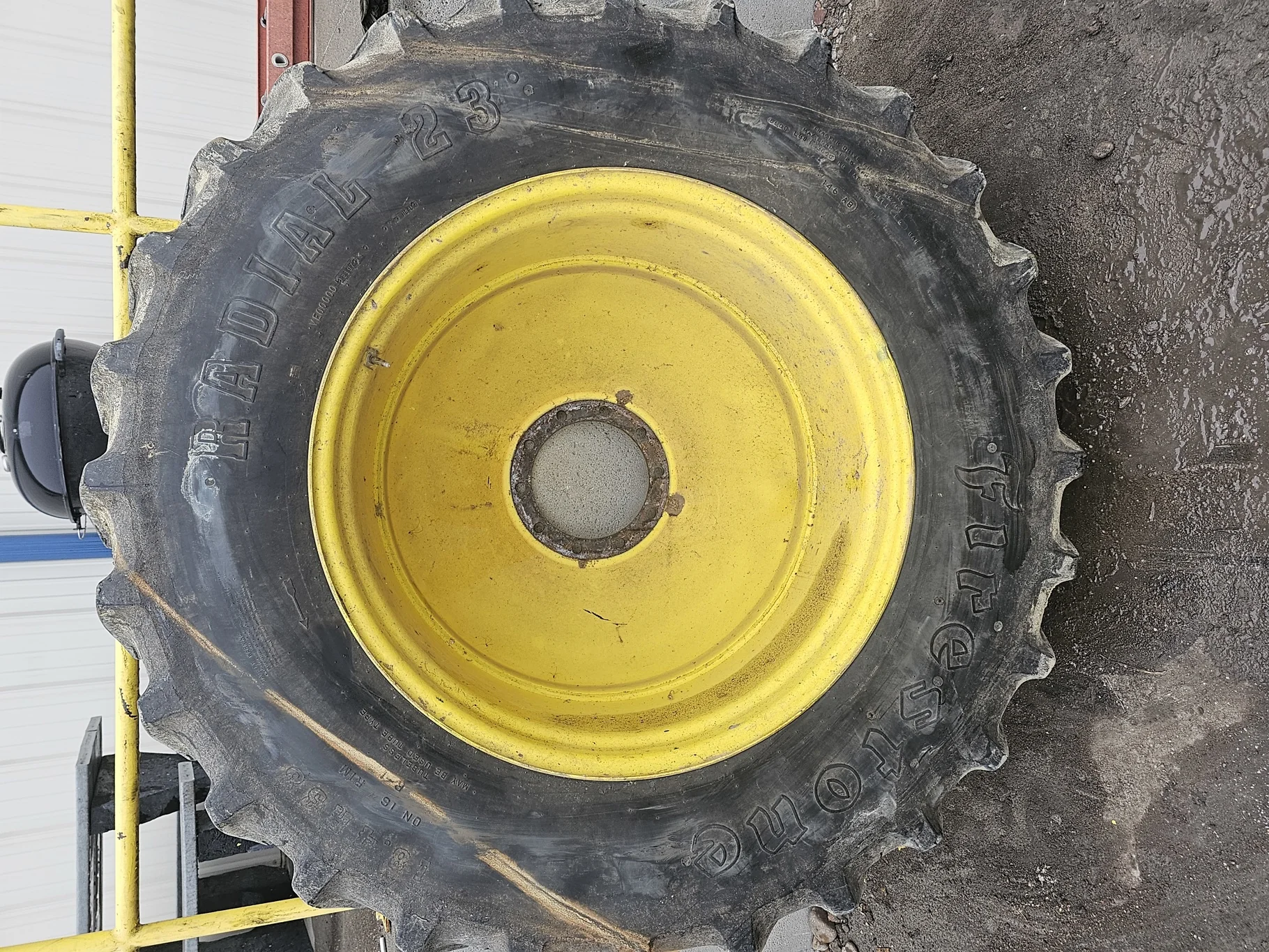 Used 80% 18.4R38 Firestone Radial All Traction 23 146A8 R-1 TL on a 16 x 38 JD Yellow 10 bolt image 2