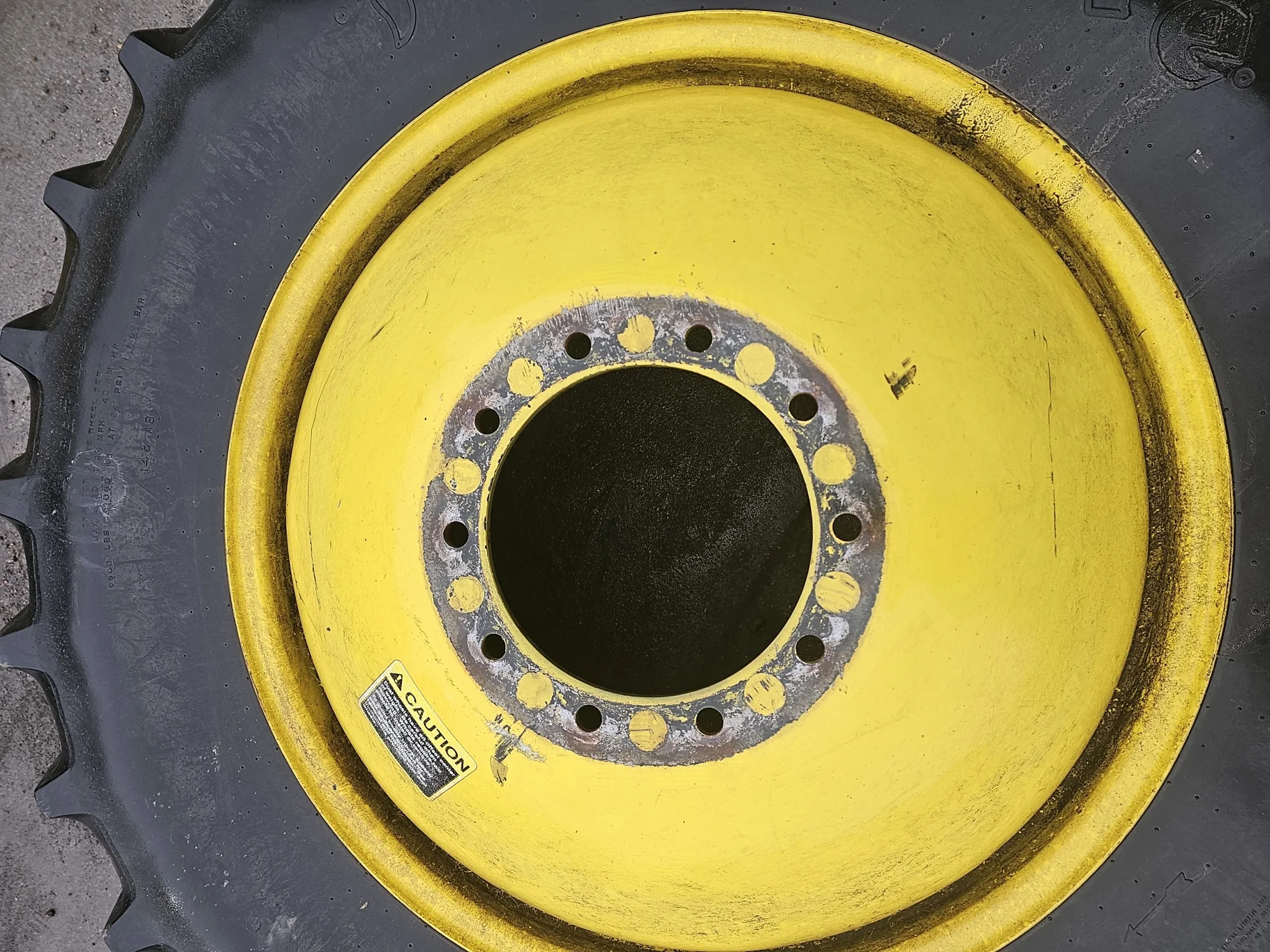 Used 80% 18.4R38 Firestone Radial All Traction 23 146A8 R-1 TL on a 16 x 38 JD Yellow 10 bolt image 7