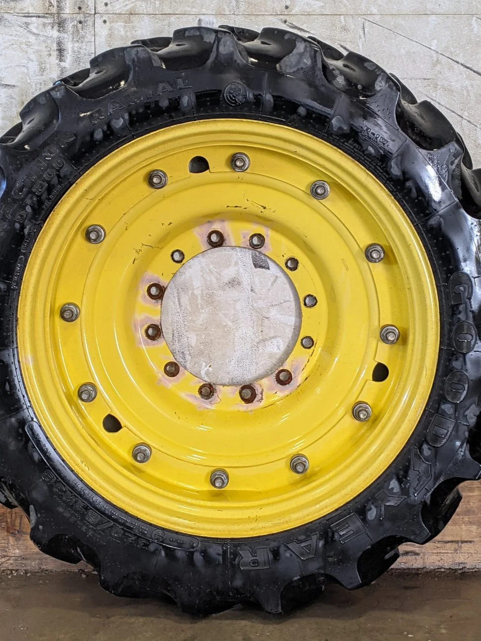 Used 85% 320/85R38 Goodyear Super Traction Radial R-1W (143A8) TL on a 10x38 John Deere Yellow (3) B image 2