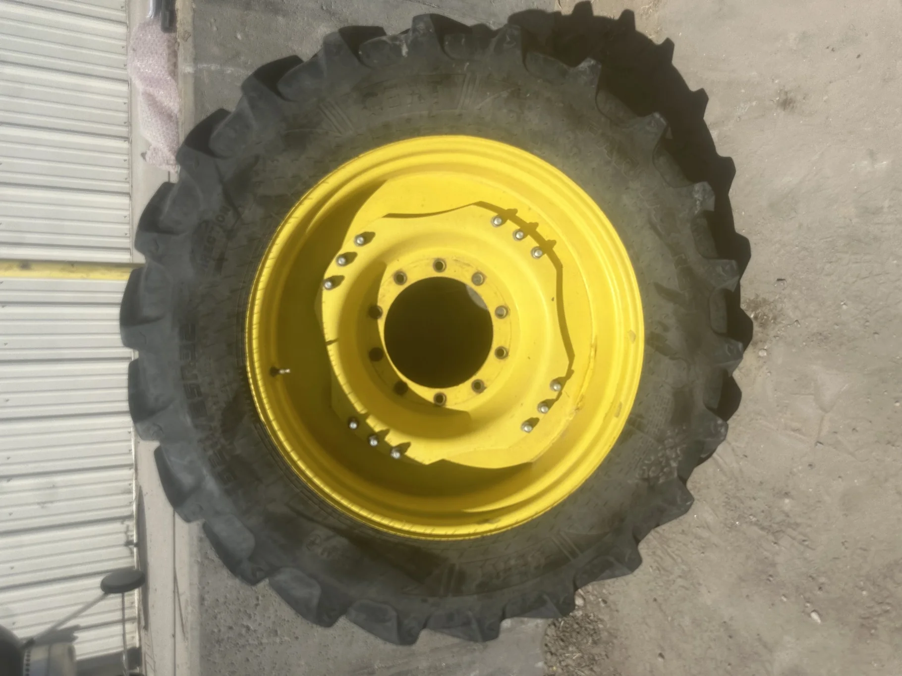 Used 78% 320/85R32 Ceat Farmax R85 R-1W (126B) TL on a 8 x 32 JD Yellow Waffle Wheel with 10 B