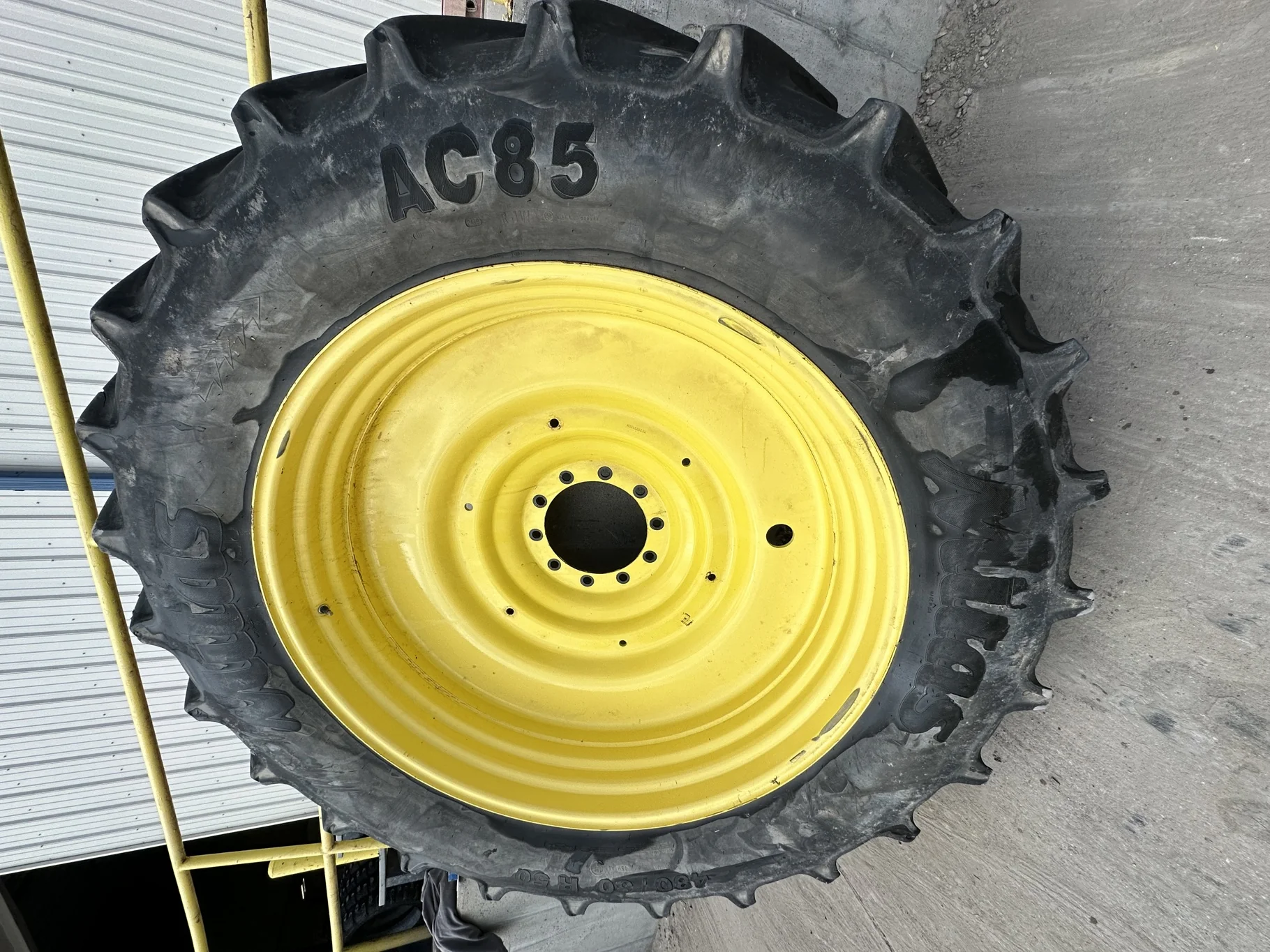 Used 480/80R50 159A8/159B Mitas AC85 R-1W TL 70% On 15 x 50 10 Bolt JD Yellow Wheel