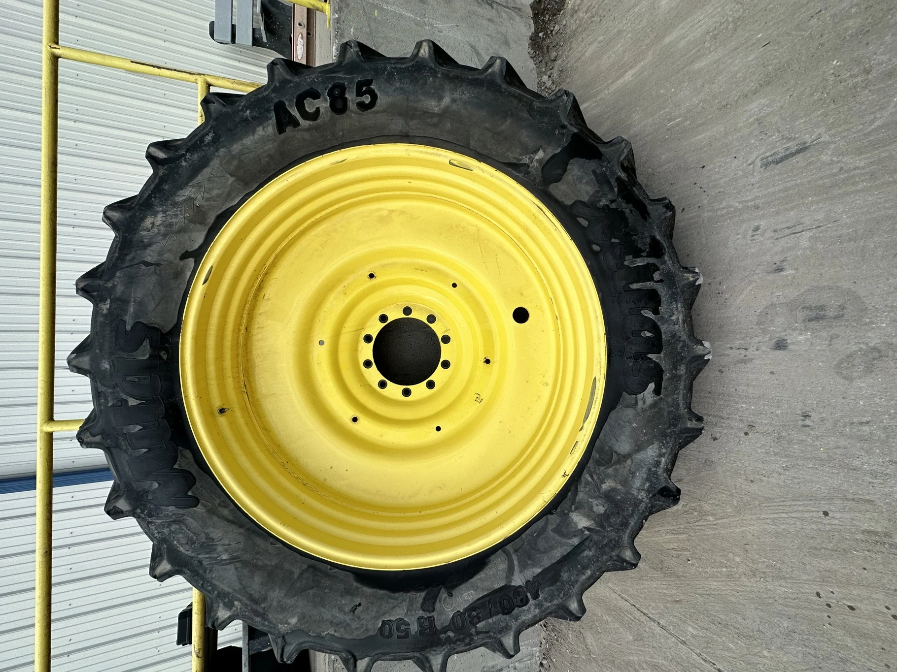 Used 480/80R50 159A8/159B Mitas AC85 R-1W TL 70% On 15 x 50 10 Bolt JD Yellow Wheel image 2