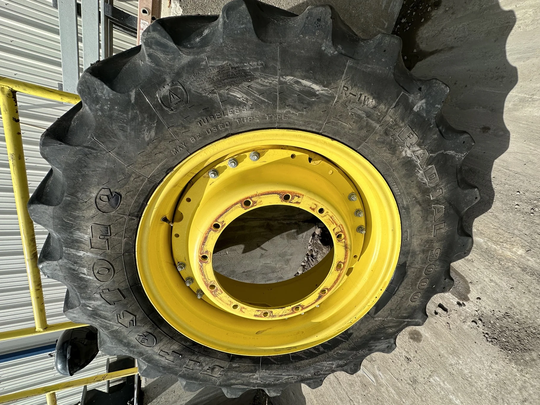 Used 480/70R34 155B Firestone Radial 9000 R-1W TL 60% On 15 x 34 3 Bolt Yellow Waffle Wheel w/ Disc