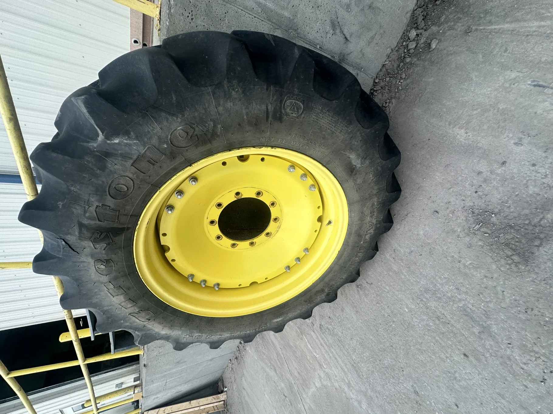Used 480/70R34 Firestone Radial 9000 58% On 15 x 34 JD 3 Bolt Yellow Waffle Wheel w/ 10B HD Disc