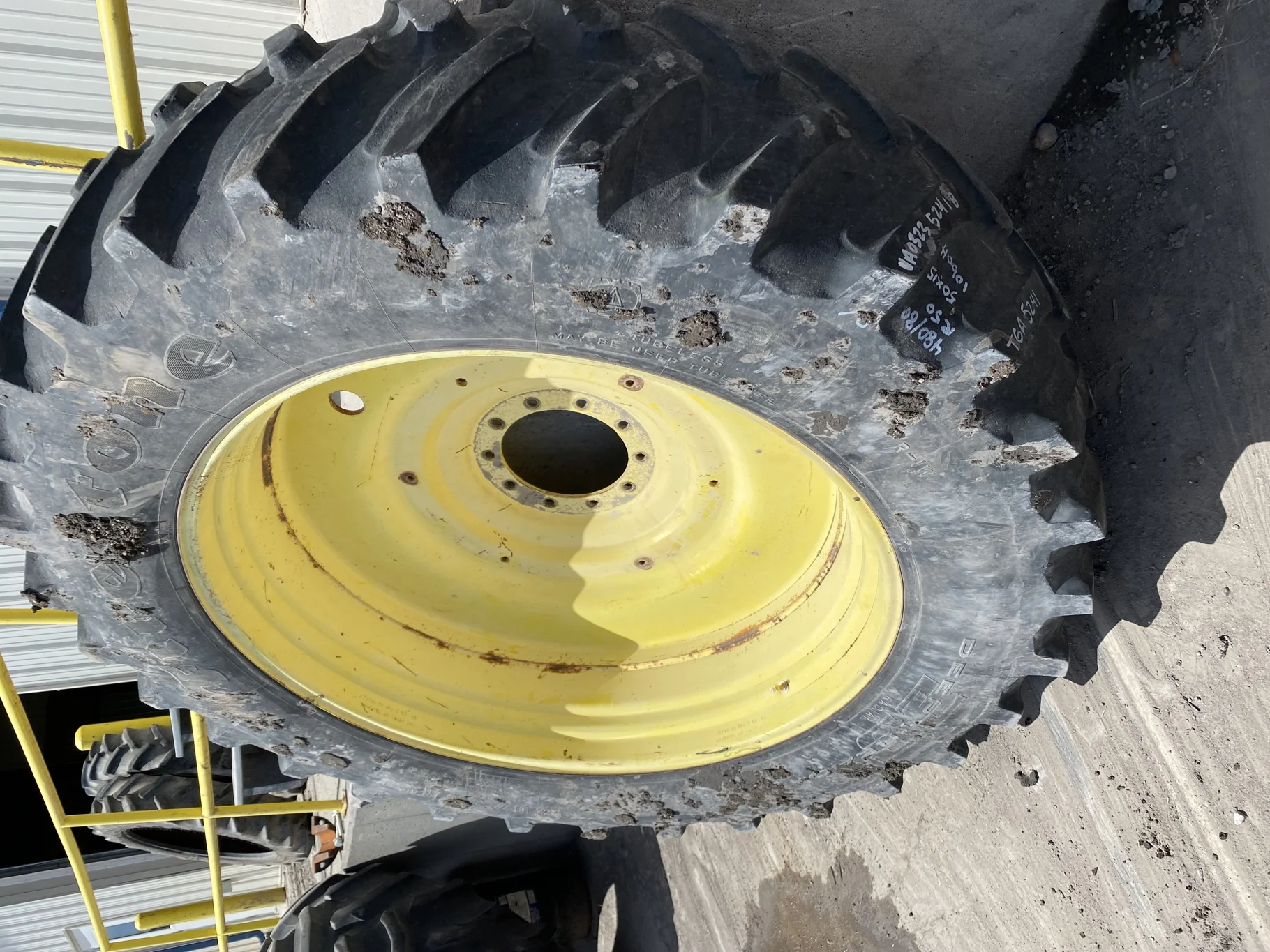Used 45% 480/80R50 Firestone Radial Deep Tread 23 R-1W (159B) TL on 15 x 50 John Deere Yellow 10 Bo