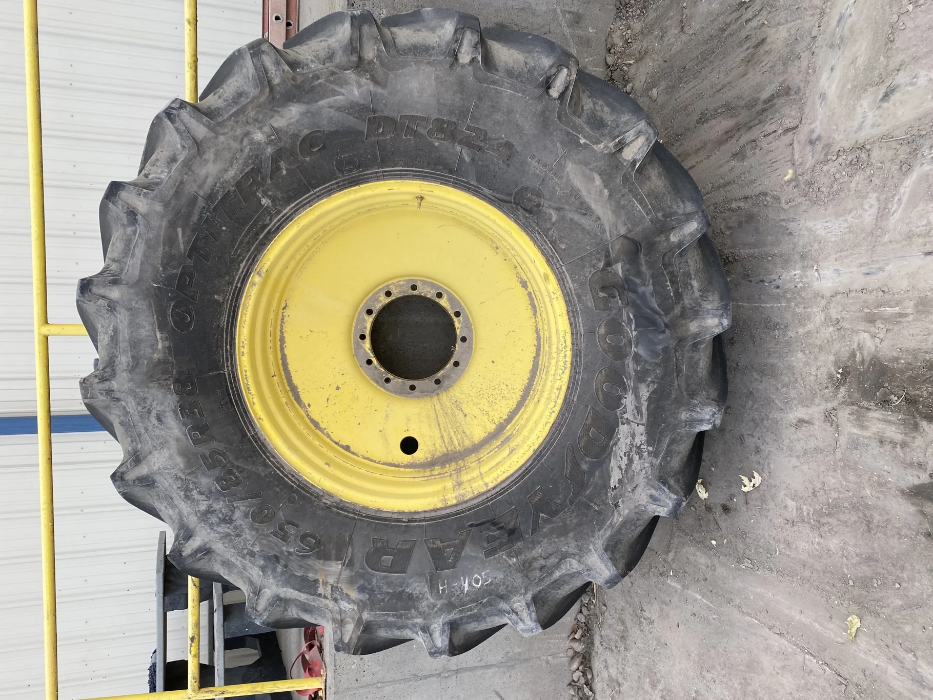 Used 98% 650/85R38 Goodyear Optitrac DT824 R-1W (173A8/173B) TL (tear in bead, slight road wear - go