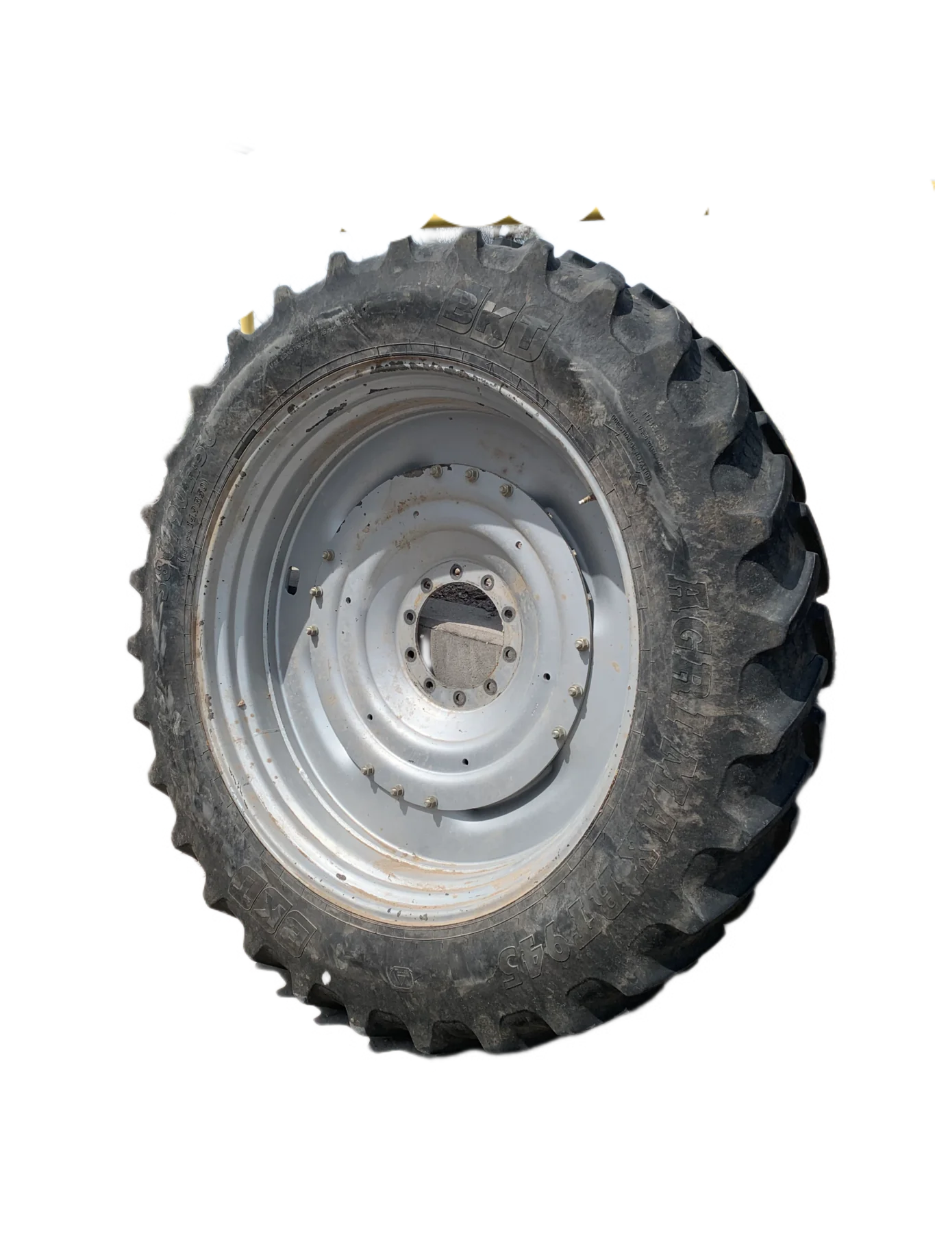 Used 60% 380/90R50 BKT Agrimax RT945 R-1W (151A8) TL on a 12 x 50 Case Silver Waffle with 10 Bo
