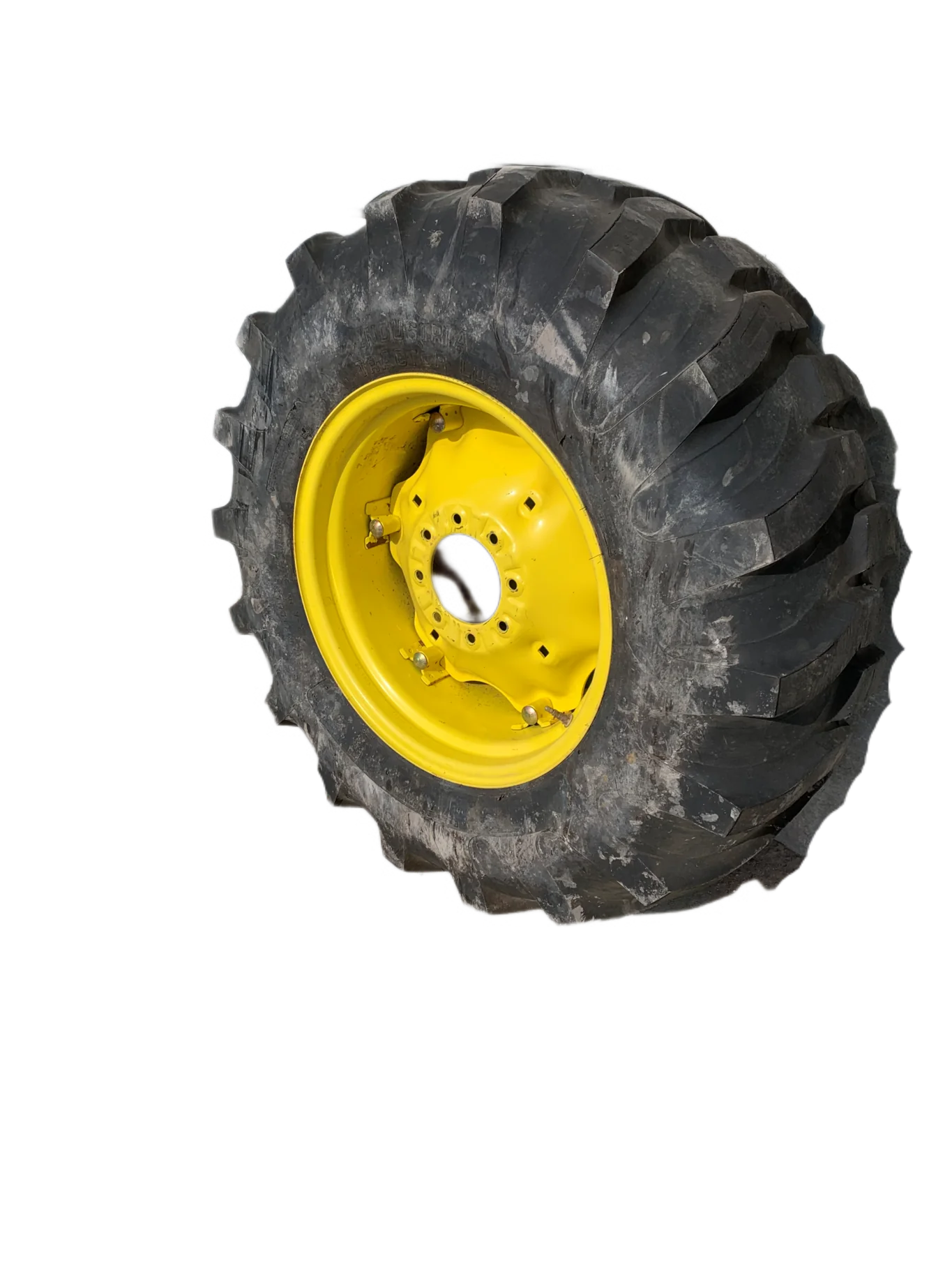 USED 80% 17.5L-24 Titan Industrial Tractor Lug R-4 F(8 Ply) TL on a 15 X 24 JD Yellow 8 Bolt (