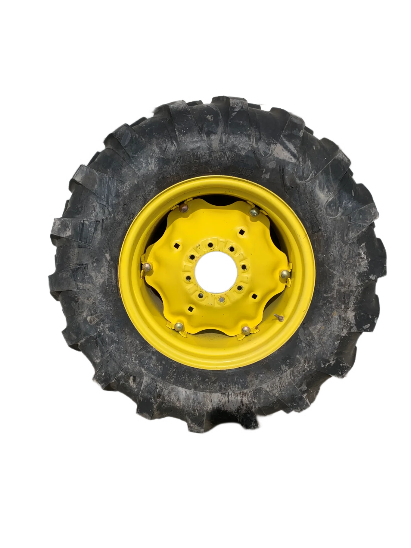 USED 80% 17.5L-24 Titan Industrial Tractor Lug R-4 F(8 Ply) TL on a 15 X 24 JD Yellow 8 Bolt ( image 2