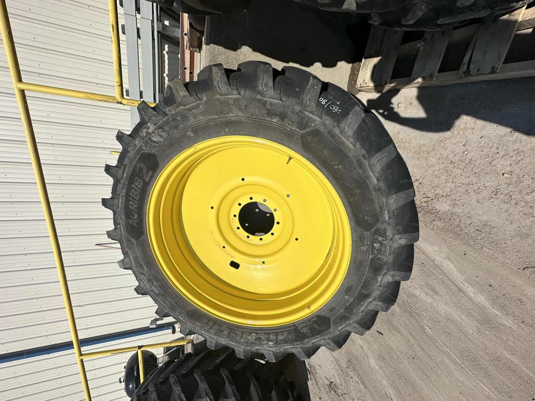 USED 85% 480/80R46 Michelin AgriBib 2 R-1W (158A8/158B) TL on a 16 X 46 JD Yellow 10 Bolt Dual