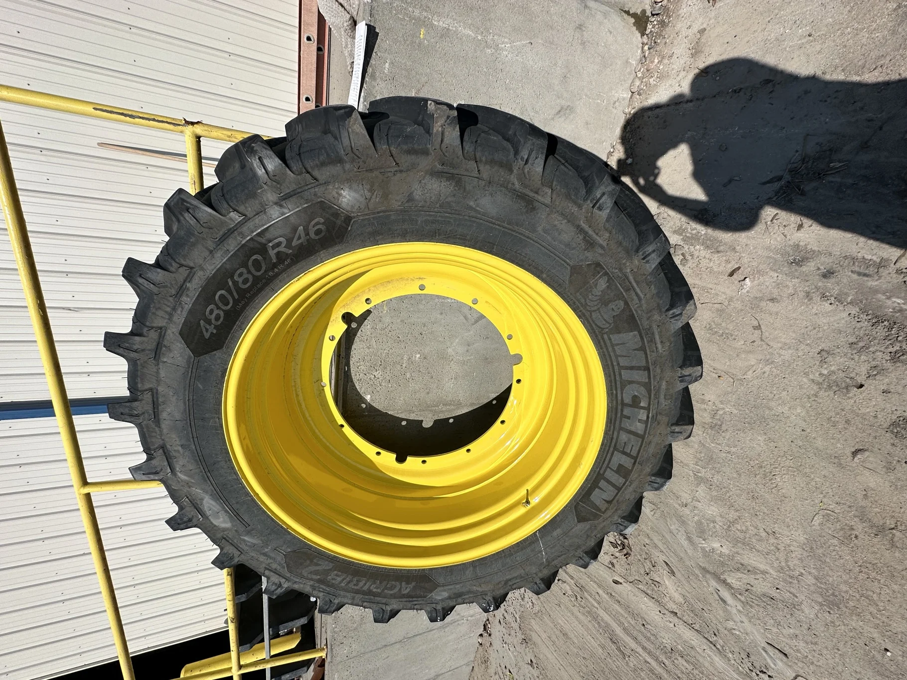 USED 90% 480/80R46 Michelin AgriBib 2 R-1W (158A8/158B) TL on a 16 X 46 JD Yellow 12 Bolt Stub