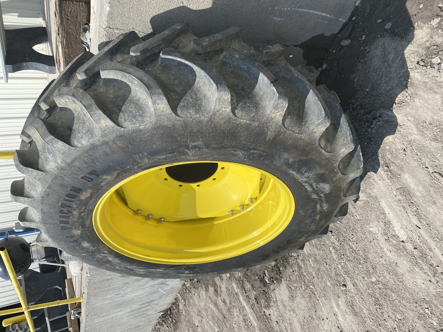 USED 98% 420/85R34 Firestone Radial All Traction DT R-1W 147B TL on a 15 X 34 JD Yellow Waffle