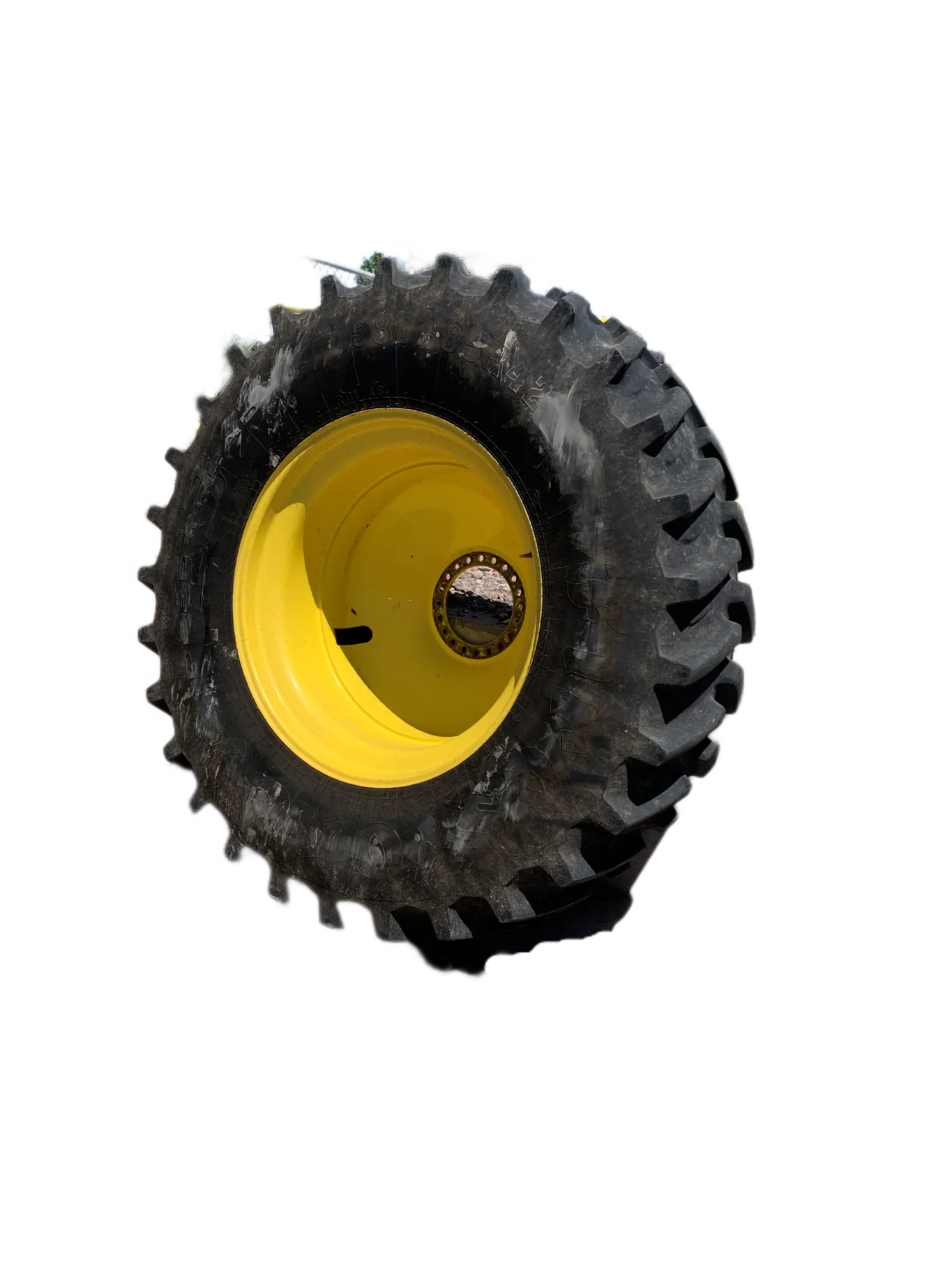 Used 85% 580/85R42 Firestone Radial Deep Tread 23 R-1W (166B) TL on 18 x 42 John Deere Yellow 20 Bo