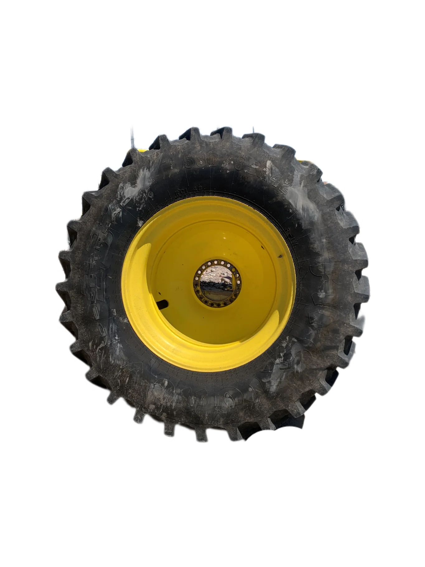 Used 85% 580/85R42 Firestone Radial Deep Tread 23 R-1W (166B) TL on 18 x 42 John Deere Yellow 20 Bo image 2