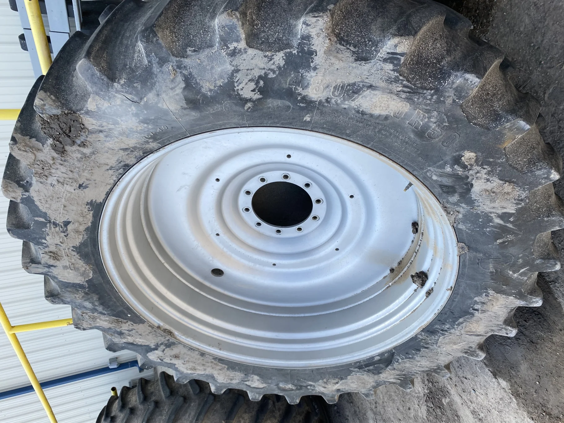 Used 65% 480/80R50 Firestone Radial Deep Tread 23 (159B) on 15 x 50 Case Silver 10 Bolt Dual Wheel